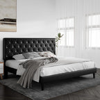 Sha Cerlin King Size Platform Bed Frame With Button Tufted Headboard, Faux Leather Upholstered Mattress Foundation, Wooden Slat Support, No Box Spring Needed, Black