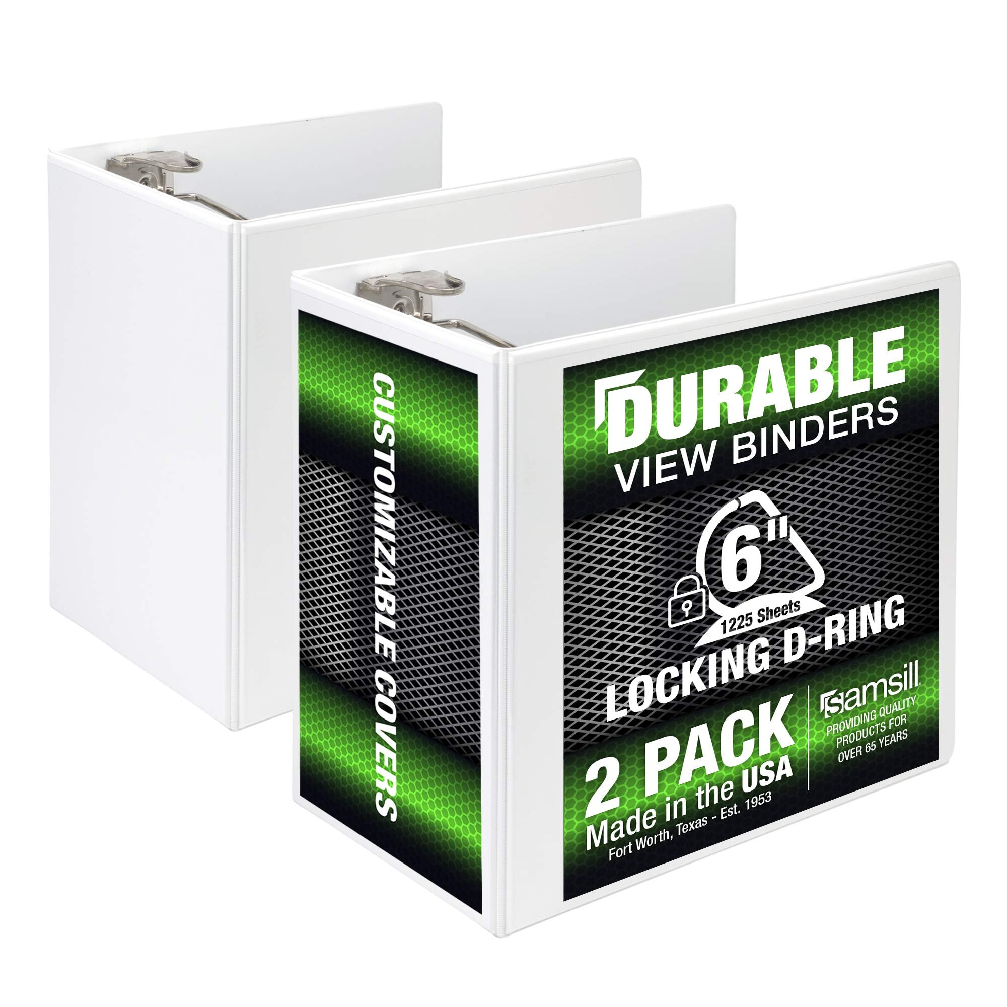 Samsill Durable 6 Inch Binder, Made In The Usa, Locking D Ring Customizable Clear View Binder, White, 2 Pack, Each Holds 1225 Pa