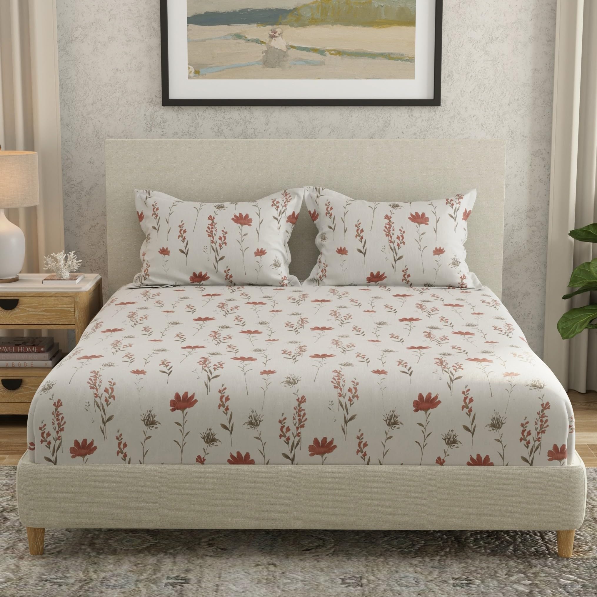 Huesland By Ahmedabad Cotton 144 Tc Double Bedsheet Cotton With 2 Pillow Covers | White & Rust