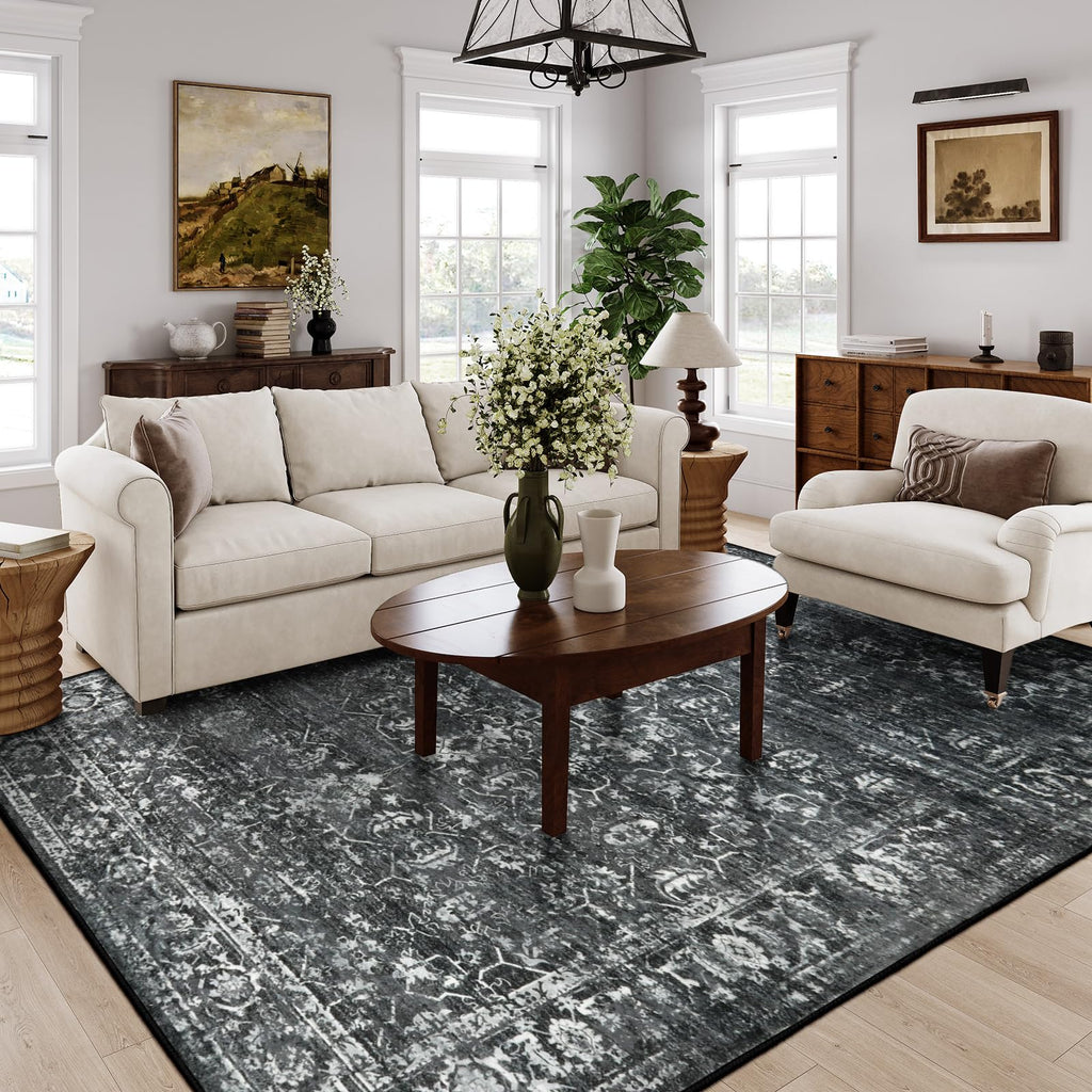 Lahome 8X10 Area Rugs For Living Room Washable Rugs 8X10 Black Large Rug Indoor Carpet, Vintage Distressed Rug Soft Non Slip Are