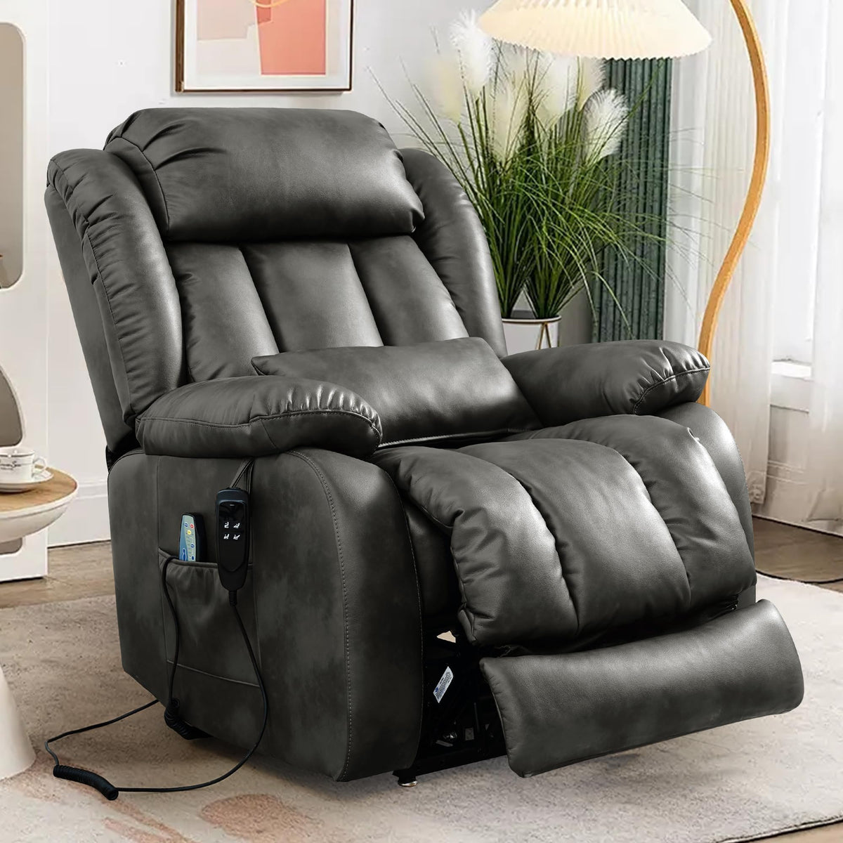 Edilly Large Reclining Lift Chair, Dual Motor Massage Chair, Genuine Leather Recliner With Heating And Massage For Seniors, With