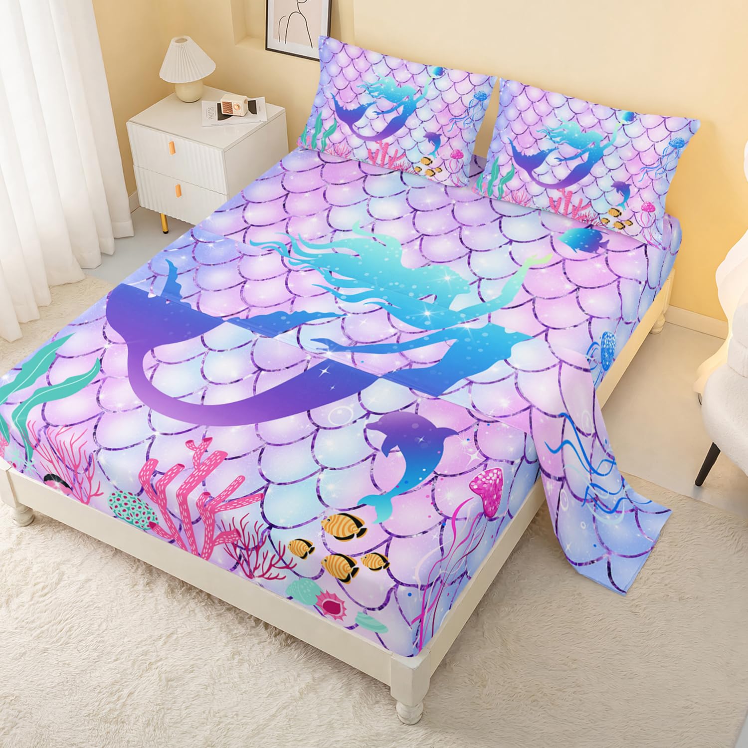 CVHouse Mermaid Bed Sheets Sets Twin Size,Rainbow Mermaid Bedding Sets for Kids Teens,Ocean Mermaid Fitted Sheet Sets,1 Flat She