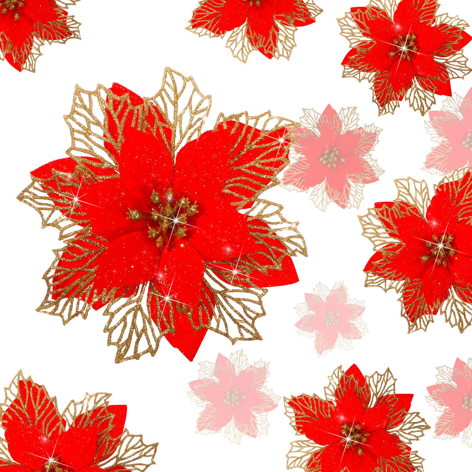 Geosar 36 Pcs 3 Size Christmas Poinsettia Flowers 3 4 6 Tree Decorations Glitter Faux Flowers Xmas Artificial Poinsettia O