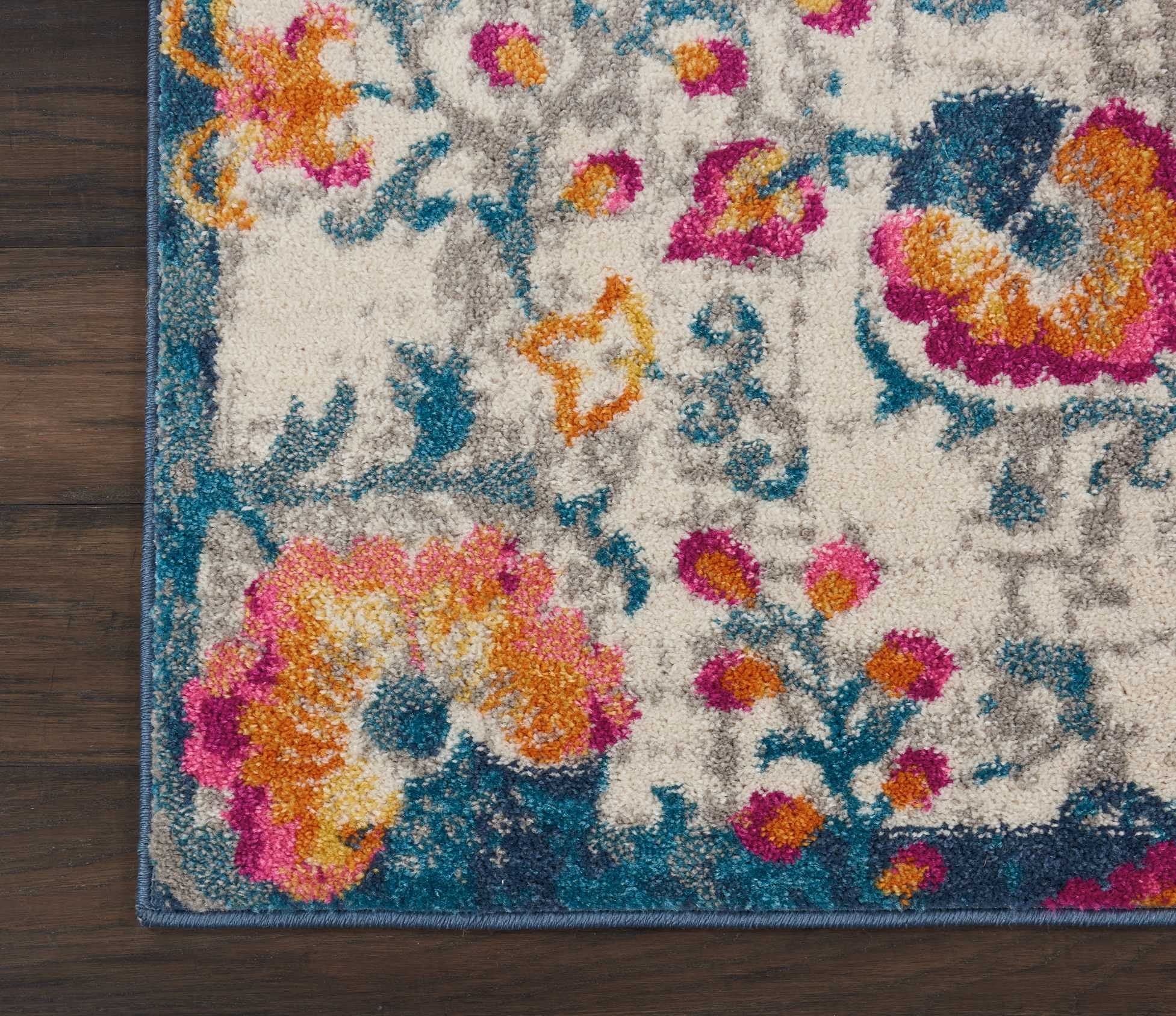 HomeRoots 100% Polypropylene 2’ x 8’ Ivory and Blue Floral Vines Runner Rug