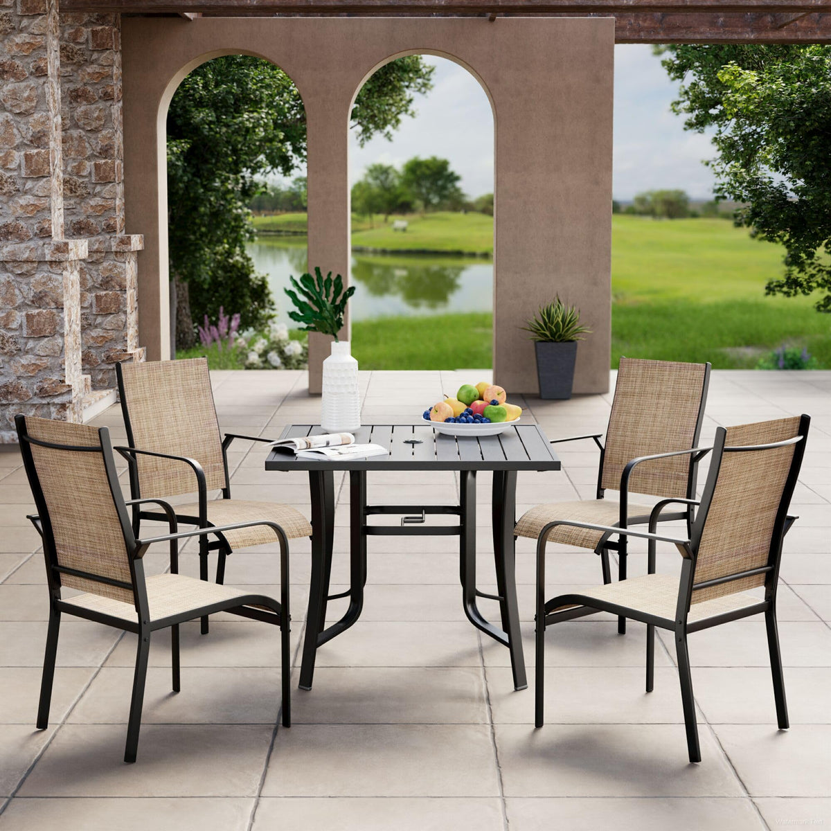 5 Pieces Patio Dining Table Set, Outdoor Table And Chairs Set For 4, Patio Table With Umbrella Hole, Square Metal Dining Table W