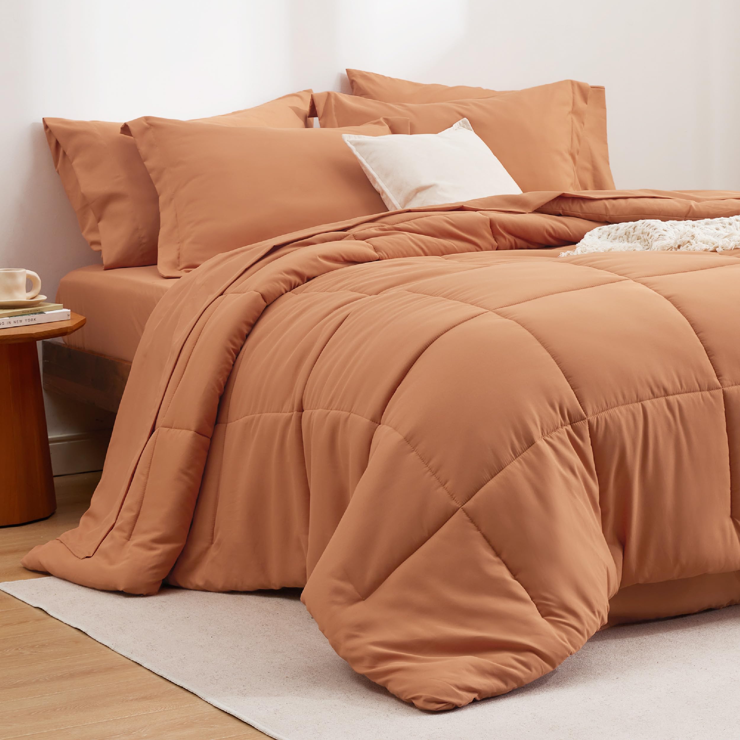 Bedsure Burnt Orange Comforter Set Queen - 7 Pieces Solid Bed In A Bag, Queen Bed Set With Comforter, Sheets, Pillowcases & Shams