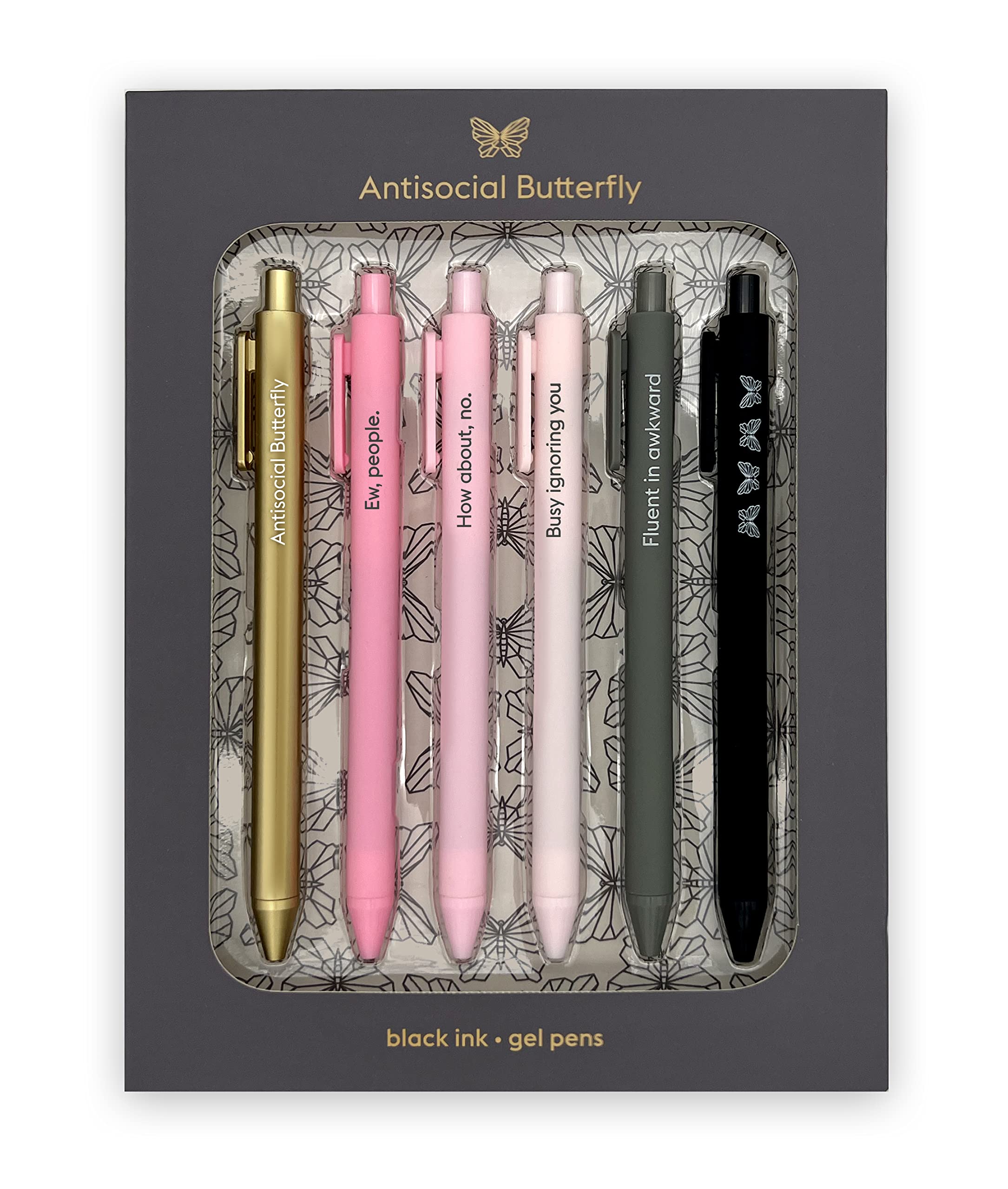 Snifty Antisocial Butterfly - Black Ink Gel Pens - Set Of 6