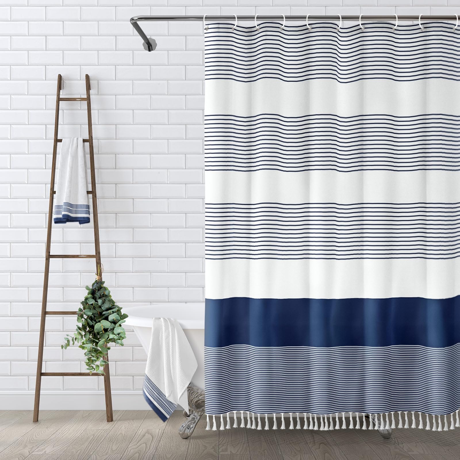 Awellife Navy Blue Shower Curtain For Bathroom Stripe Tassel Shower Curtain 72 X 96 Inches Farmhouse Linen Extra Long