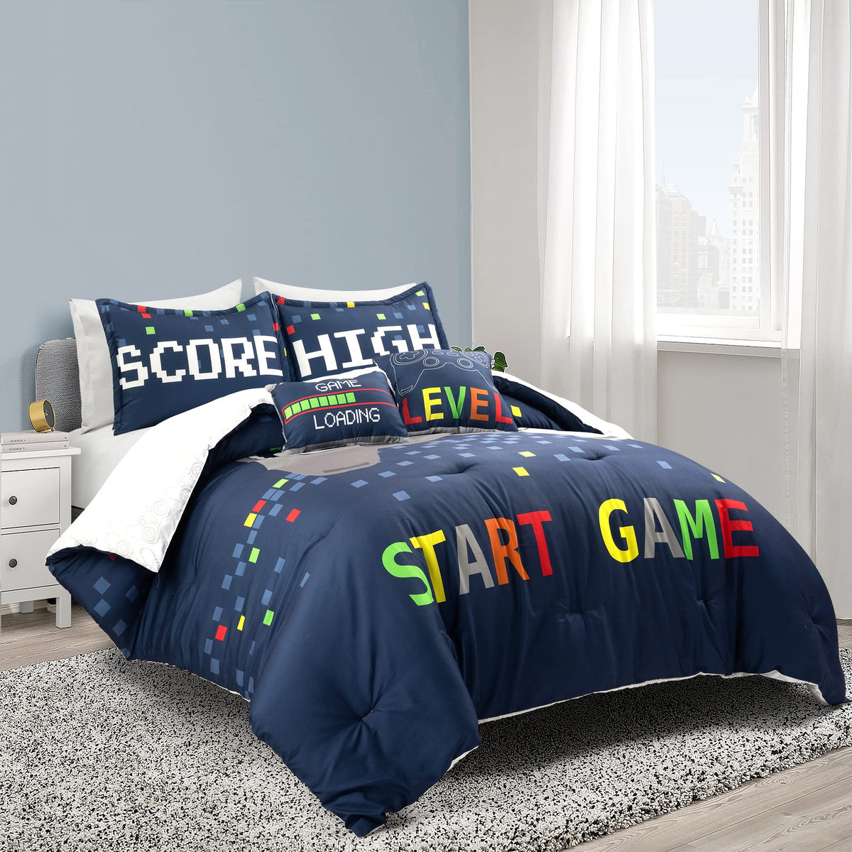 Lush Decor Video Games Reversible Oversized 5 Piece Comforter Set, Full/Queen, Navy