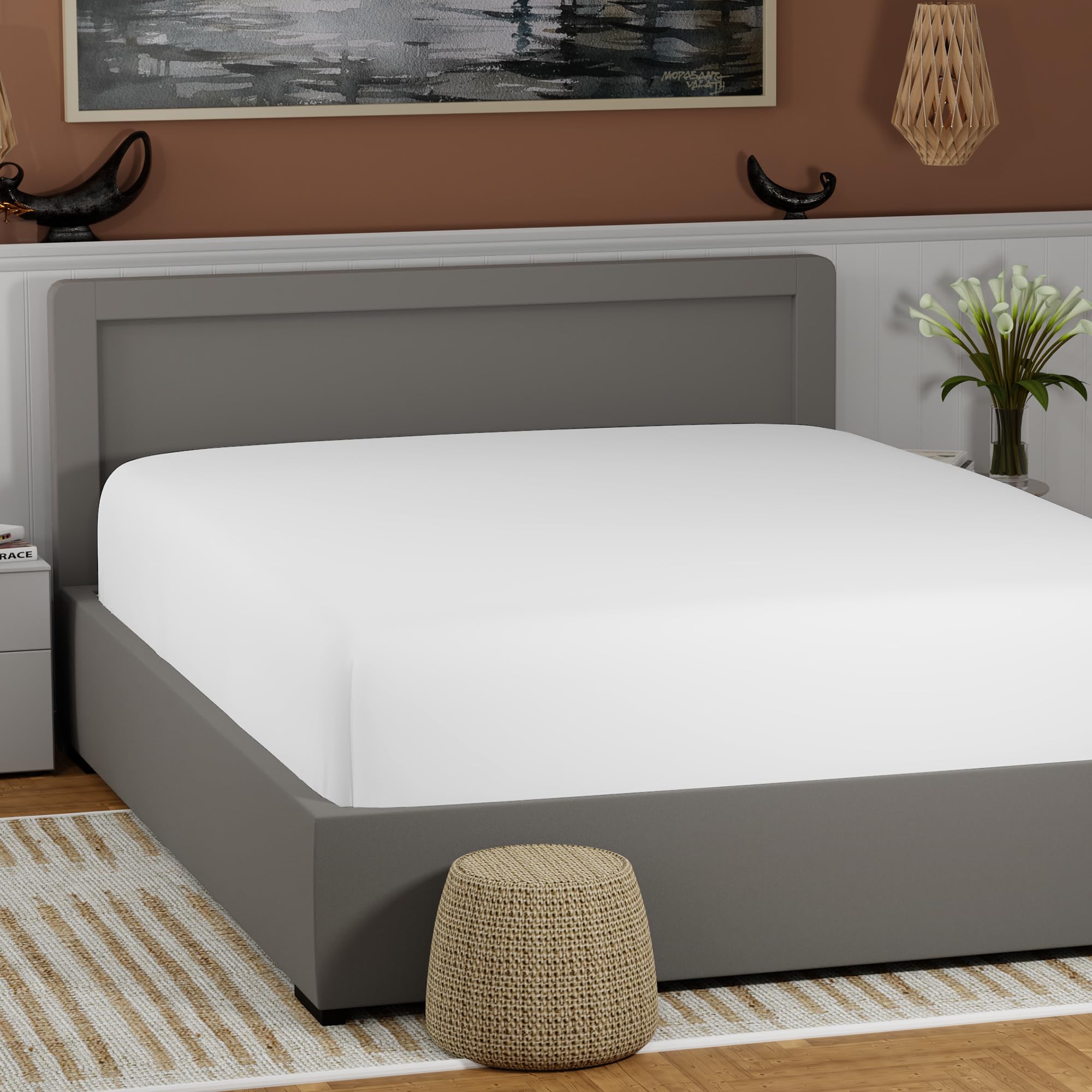 100% Cotton Arctic White Queen Size Fitted Sheet Only, Lightweight & Breathable Fitted Sheet For Queen Bed, Easy Fit 17 Deep Poc