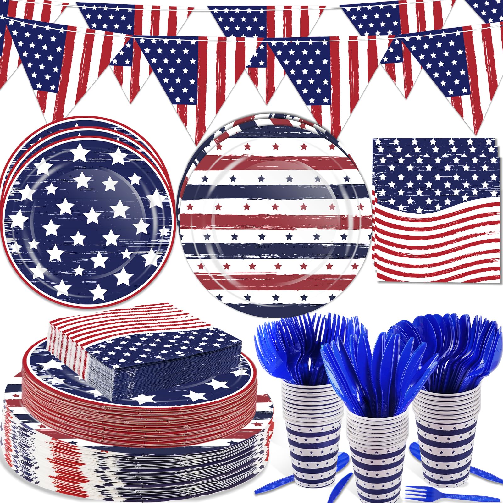 OuMuaMua Patriotic Party Supplies 184 Pcs American Flag Themed Tableware Set 4th of July Disposable Paper Plates Napkins Cups an