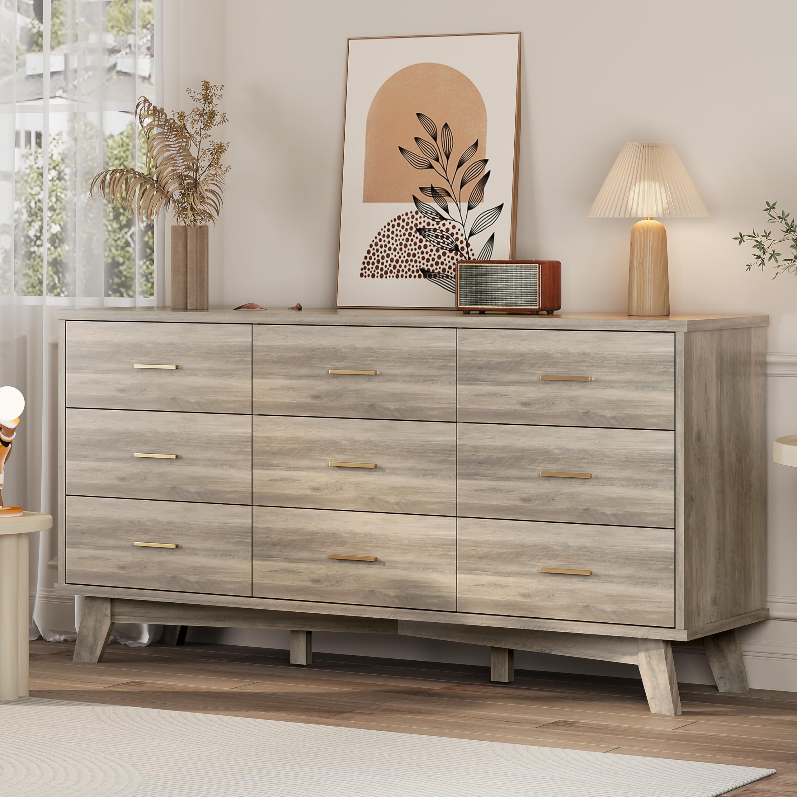 Dresser for Bedroom, 9 Drawer Wide Modern Chest of Drawers with X-Shaped Sturdy Base, Wood Double Dresser Closet Clothes Storage