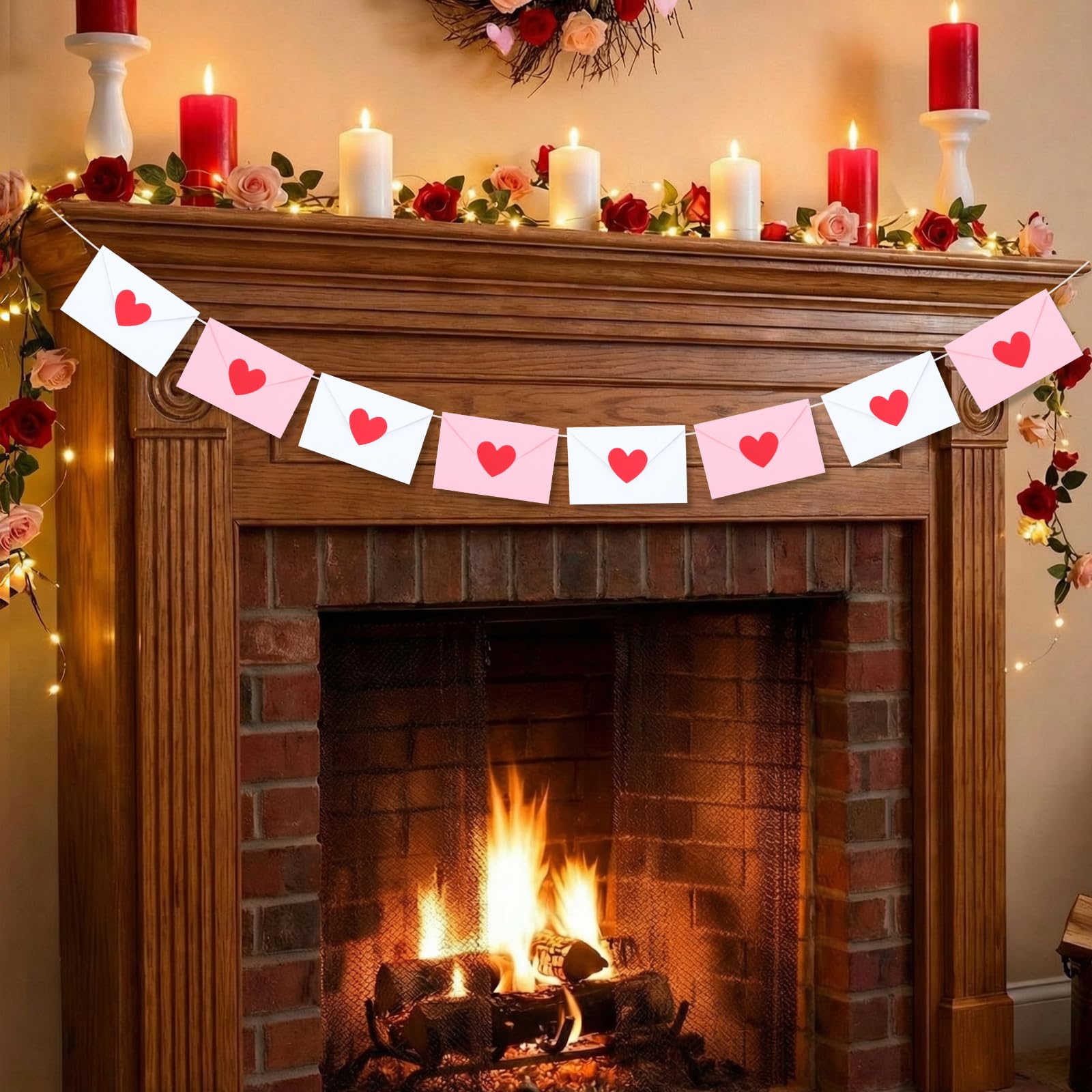 Epakh Valentine Envelope Garland Banner Red Hearts Envelope Valentines Day Banner Garland Decorations for Indoor Outdoor Weddin
