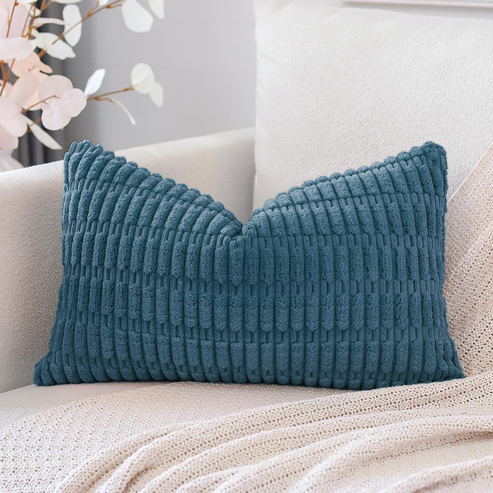 Otostar Corduroy Decorative Throw Pillow Covers 12X20 Inch Super Soft Boho Striped Rectangle Pillow Covers Case Modern Cushion Covers For Sofa Couch Bedroom Car Decor Teal