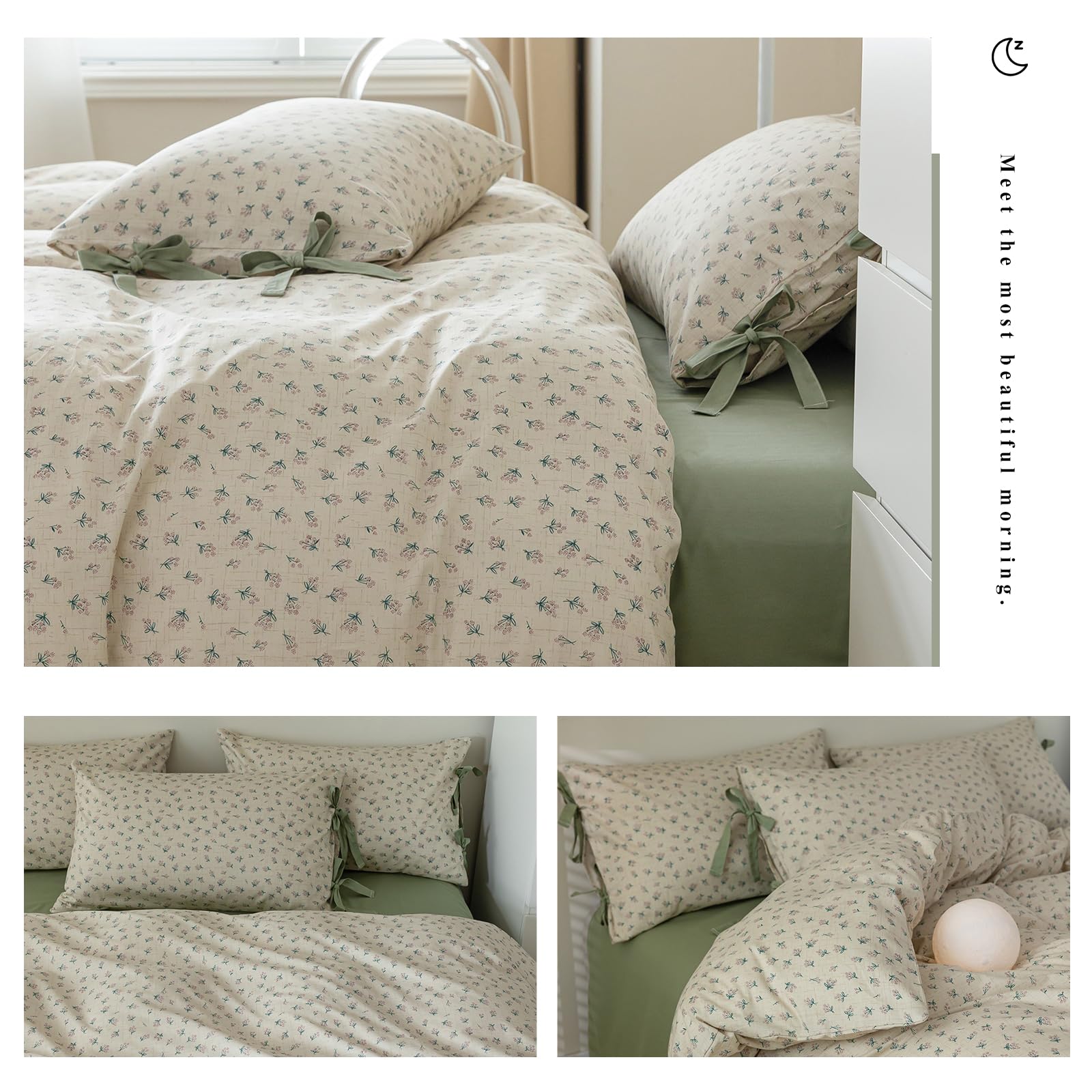 Cotton Duvet Cover King Chic Aesthetic Green Floral Comforter Cover Vintage Cottagecore Style Duvet Cover With 2 Bowknot Pillowc