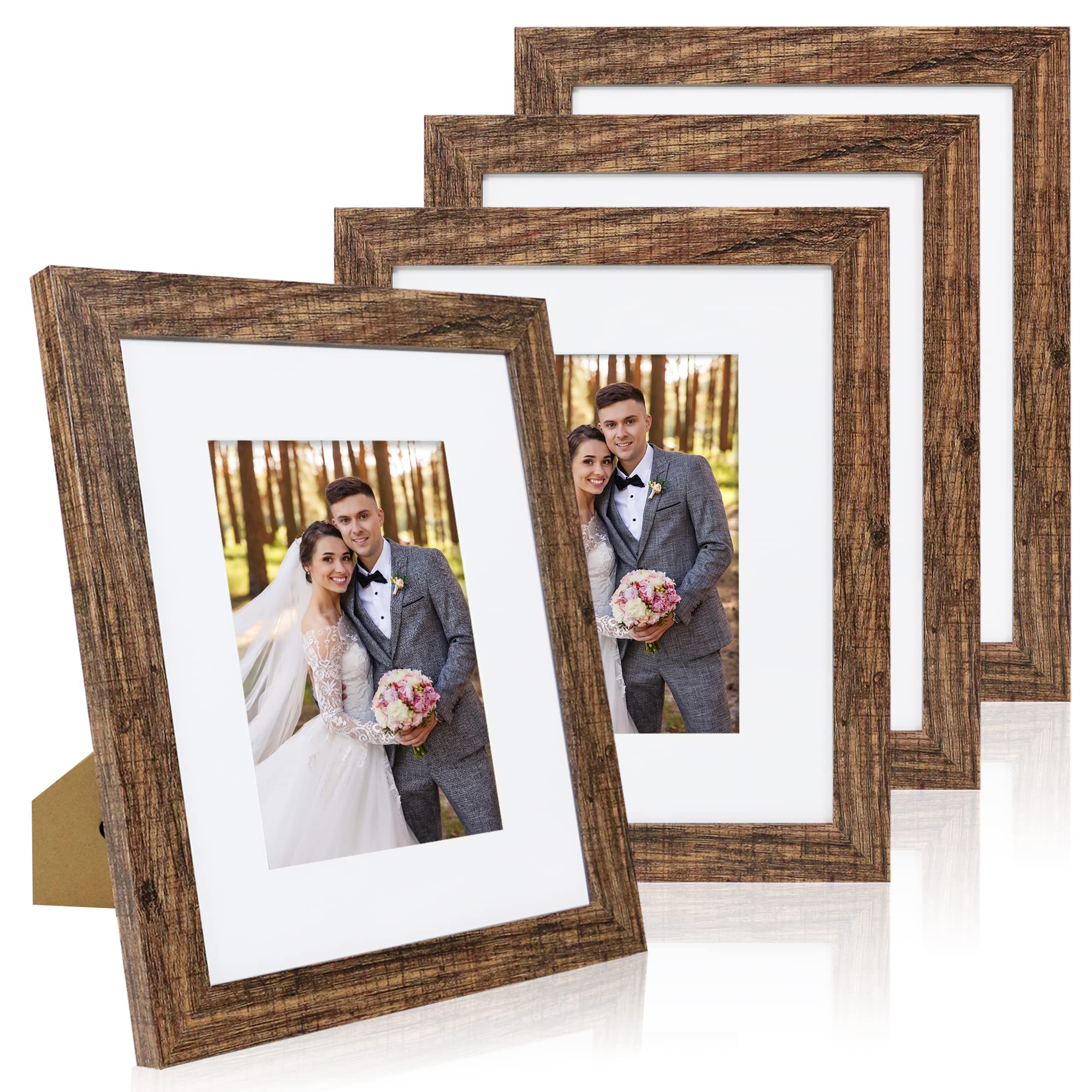 Hongkee 8x10 Picture Frame Set of 4, Made of Real Glass and Rustic Brown Wooden Frame, 8 by 10 Photo for Wall or Tabletop - Disp
