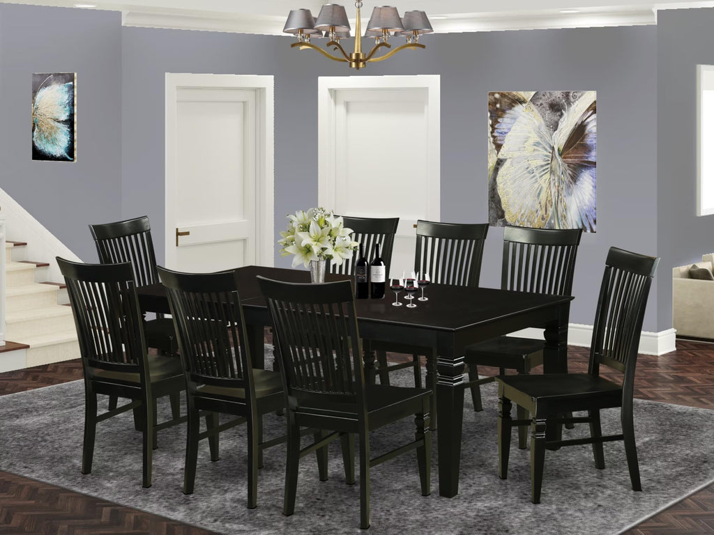 East West Furniture LGWE9-BLK-W 9 Piece Dining Room Furniture Set Includes a Rectangle Kitchen Table with Butterfly Leaf and 8 Dining Chairs, 42x84 Inch, Black