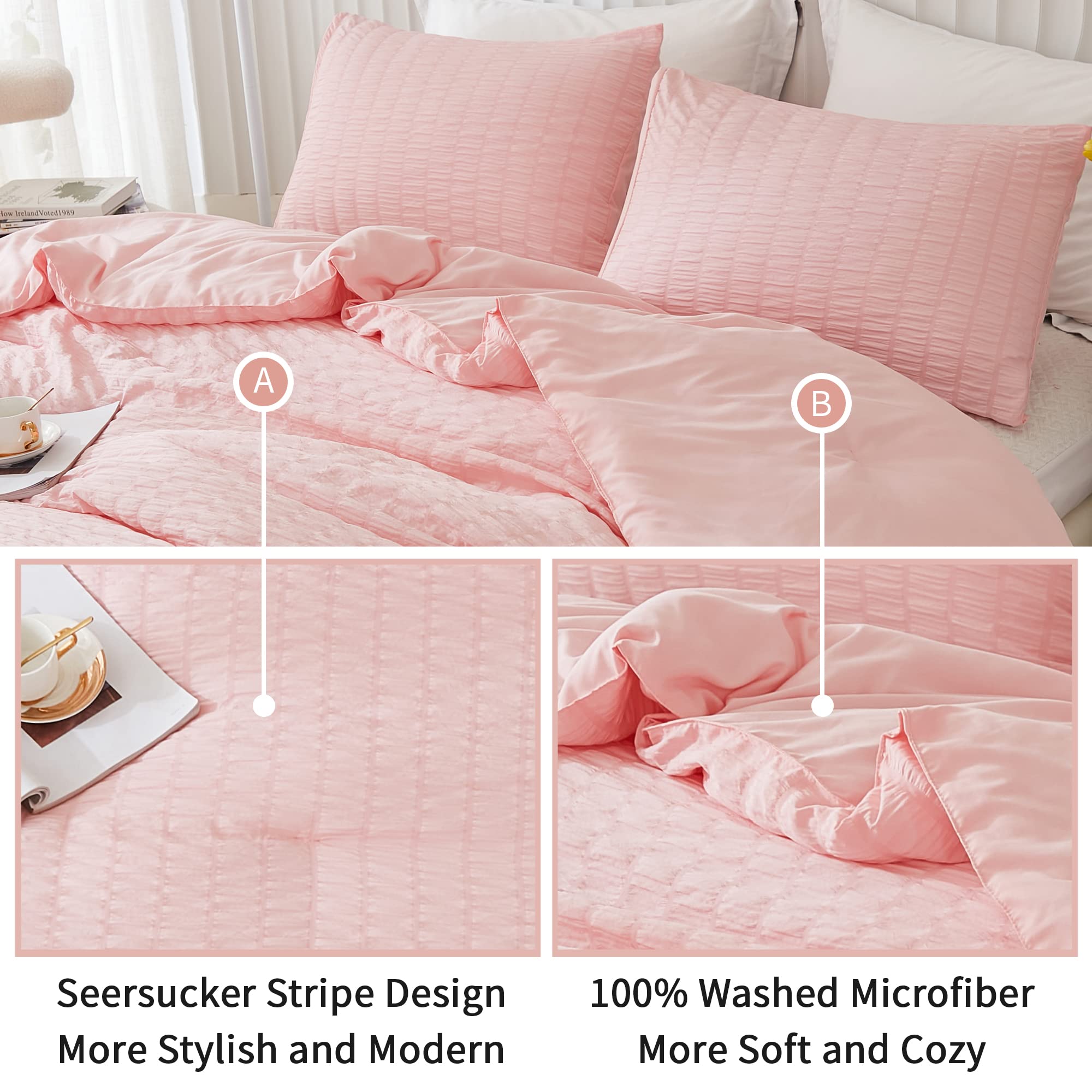 Avelom Blush Pink Seersucker California King Comforter Set (104X96 Inches), 3 Pieces-100% Soft Washed Microfiber Lightweight Comforter With 2 Pillowcases, All Season Down Alternative Bedding Set
