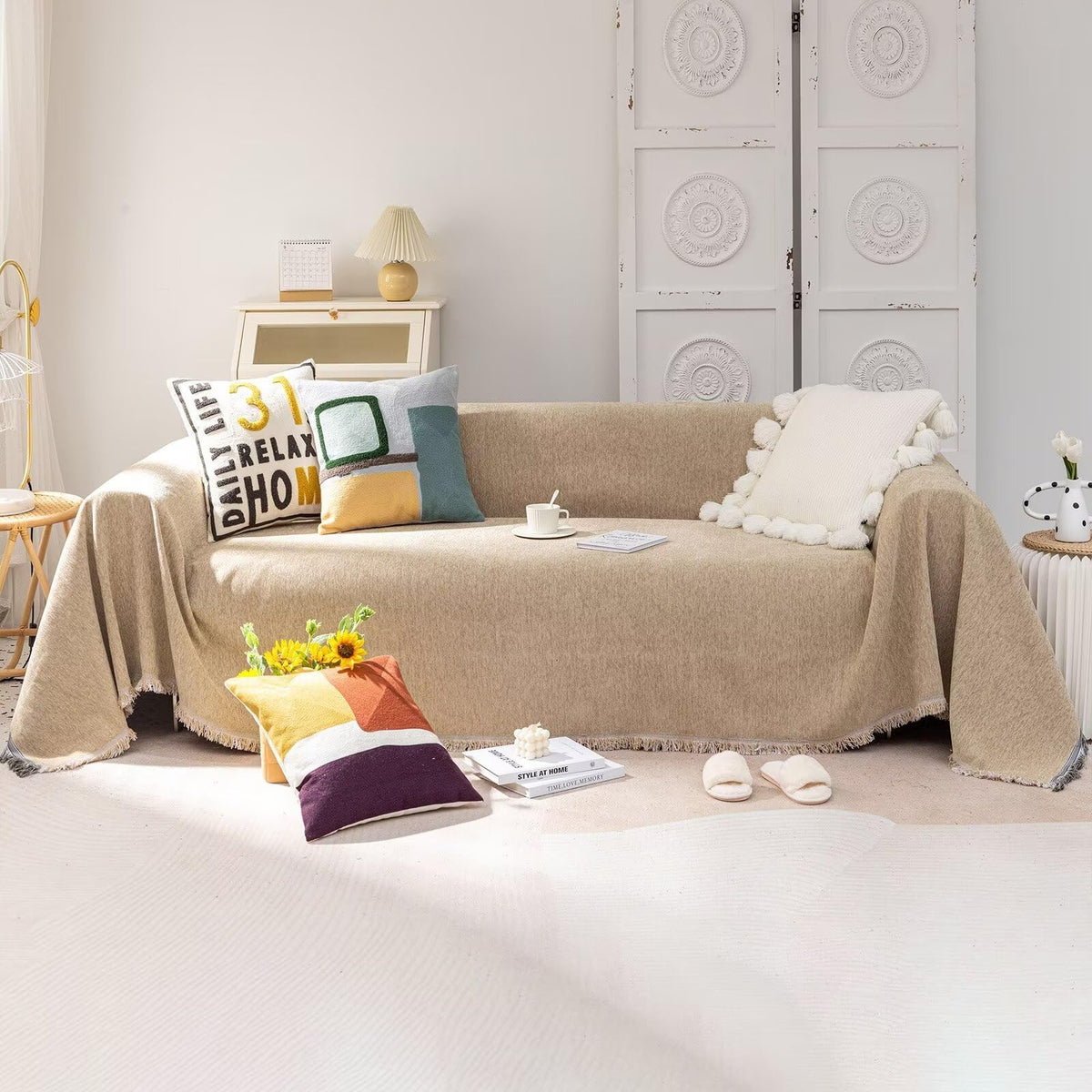 Vclife Thick Chenille Sofa Couch Cover Boho Couch Cover For 3-4 Cushion Couch Sofa, 1 Piece Minimalism Solid Tan Beige Sectional