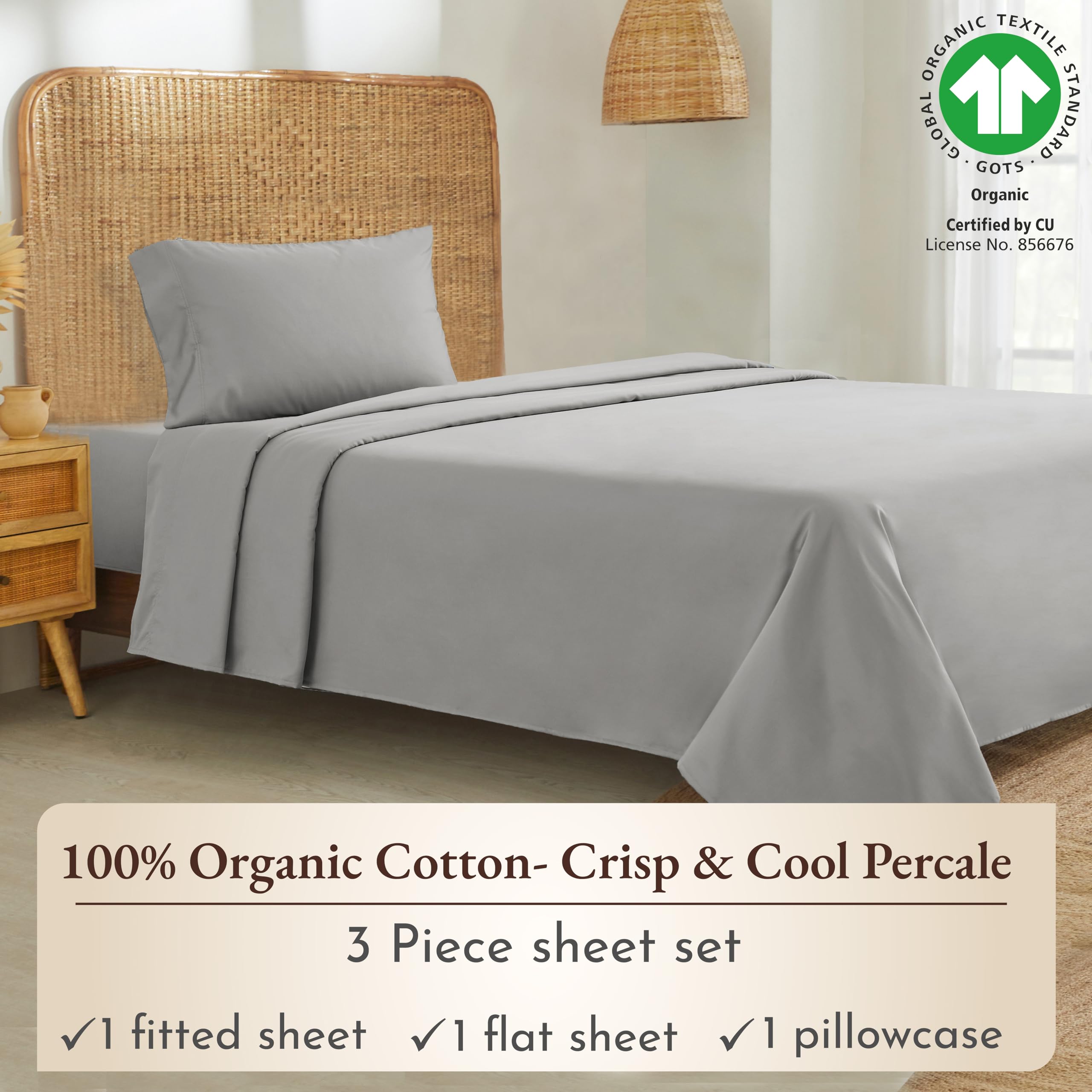 California Design Den Twin Sheets Set, 100% Organic Cotton Sheets, Deep Pockets Percale Sheets, Gots Certified Soft, Crisp & Cooling Sheets, Twin Bed Sheets, Light Grey Sheets