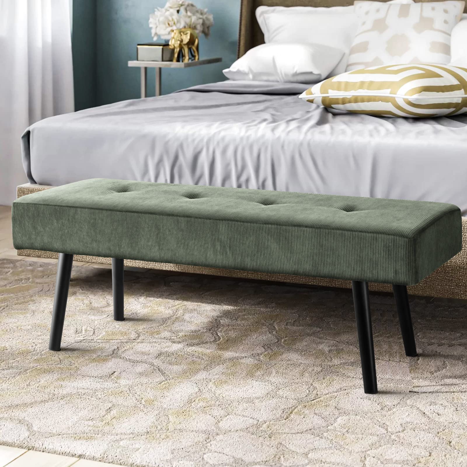 Comfy To Go Entryway Bench - Green Bench For Bedroom, Modern Ottoman End Of Bed, Corduroy Padded Benches For Living Room, Foyer, Mudroom, Hallway - 39' L X 14' W X 17' H