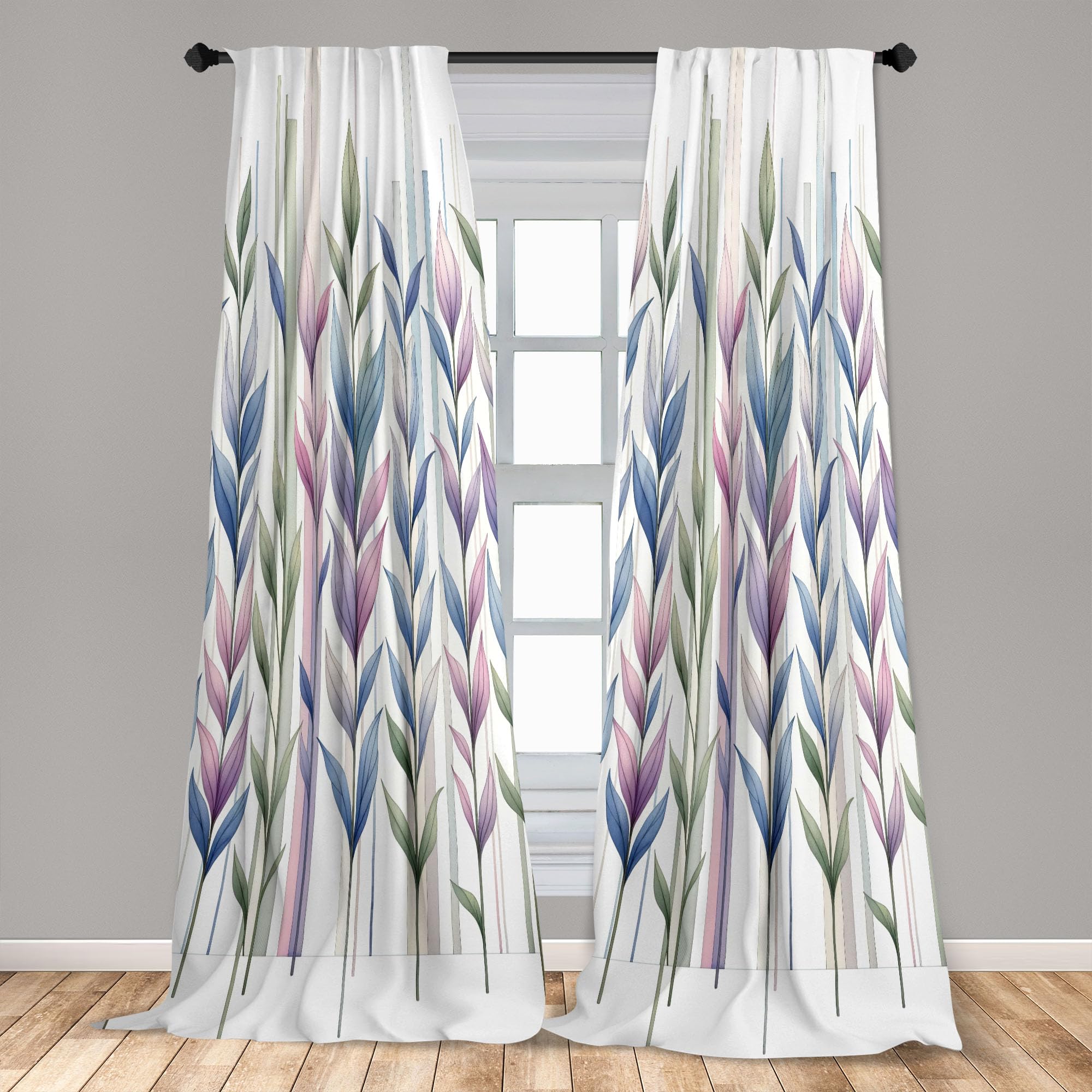 Ambesonne Leaves Window Curtains Pack Of 2, Watercolor Style Tall Leafy Branches On Bar Look Striped Pastel Colorful, Lightweigh