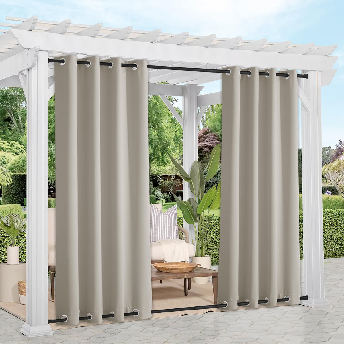 Nicetown 2 Panels Natural Outdoor Curtains For Patio Waterproof, Rustproof Top & Bottom Grommet Weighted Windproof Drapes Therma