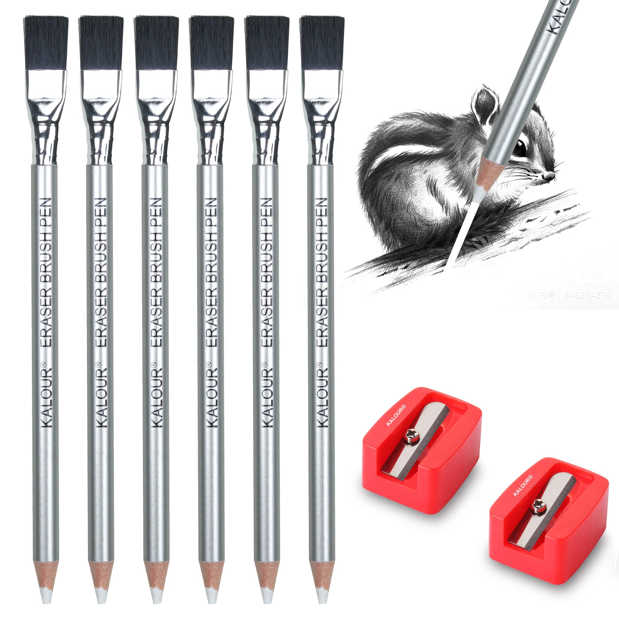Kalour Detail Eraser Pencil - 6Pc Eraser Pencils With Brush And 2Pc Sharpener,Erasing Small Details Or Add Highlights For Sketch