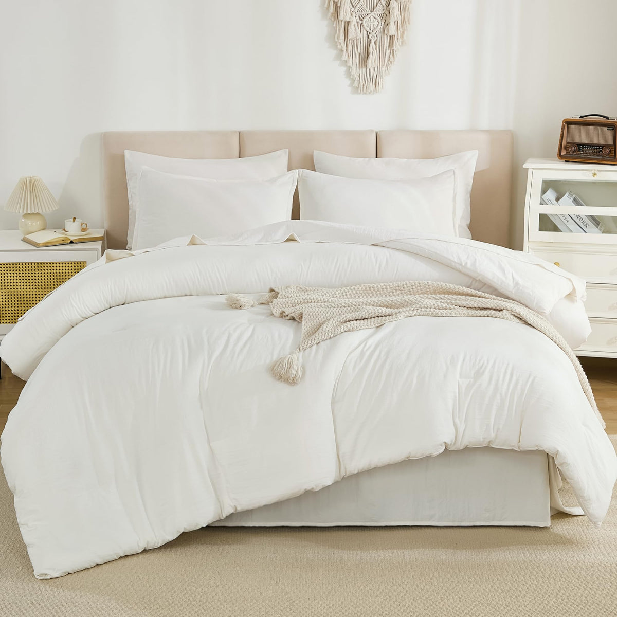 Litanika King Size Comforter Set Ivory - 7 Pieces Bed In A Bag King Beddding Comforter Sets, Solid Lightweight Bed Set With Comf