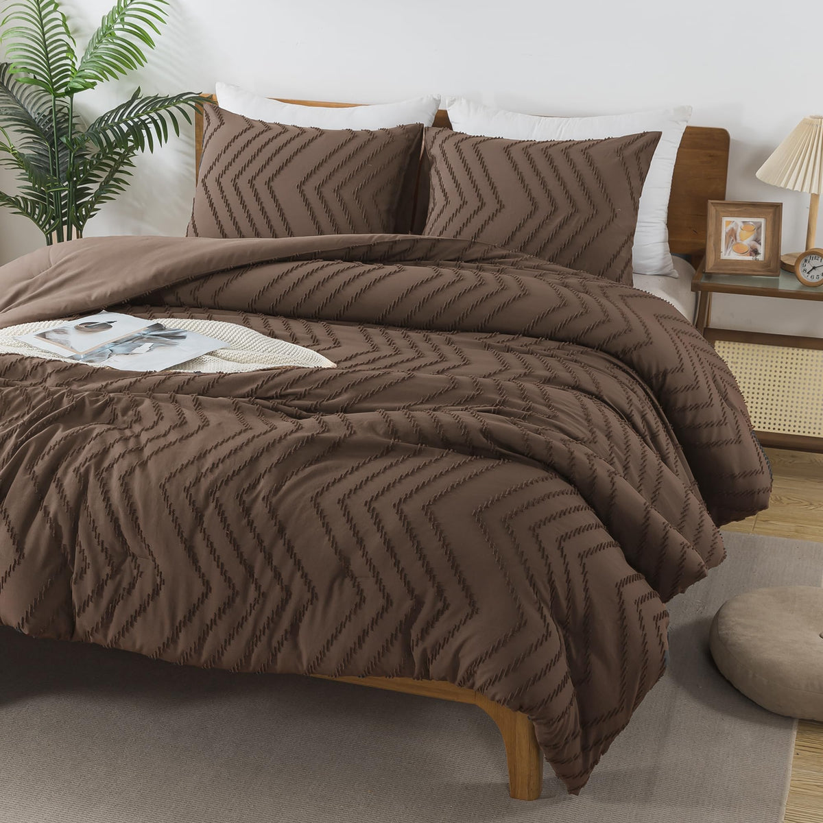 Andency Brown Comforter Set King Size, Boho Soft Warm Tufted Bedding Comforter Sets For King Size Bed, 3 Pieces Aesthetic Chevro