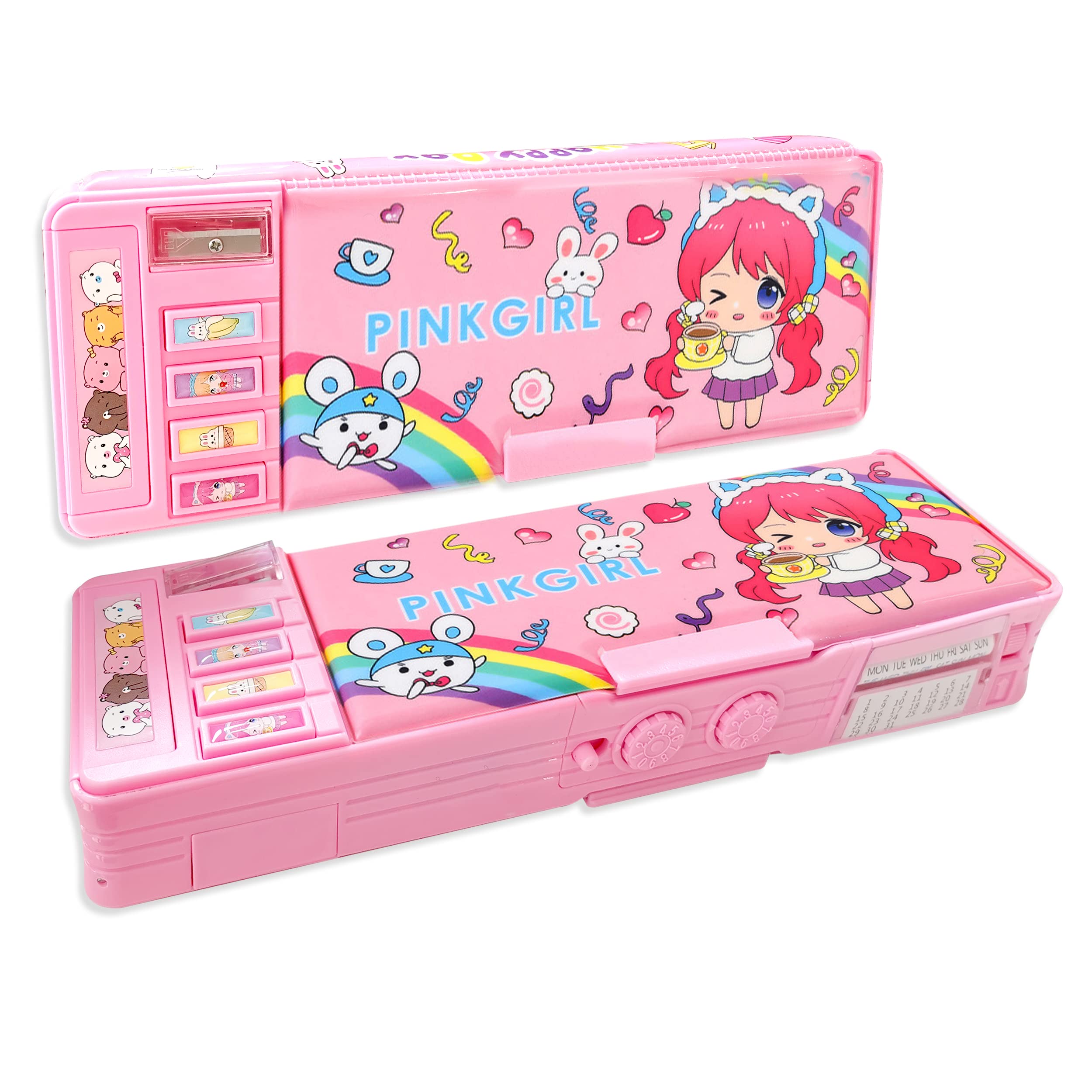 Pop Up Multifunction Pencil Case For Girls, Cute Cartoon Pen Box Organizer Stationery With Password Lock, Sharpener, Schedule, W