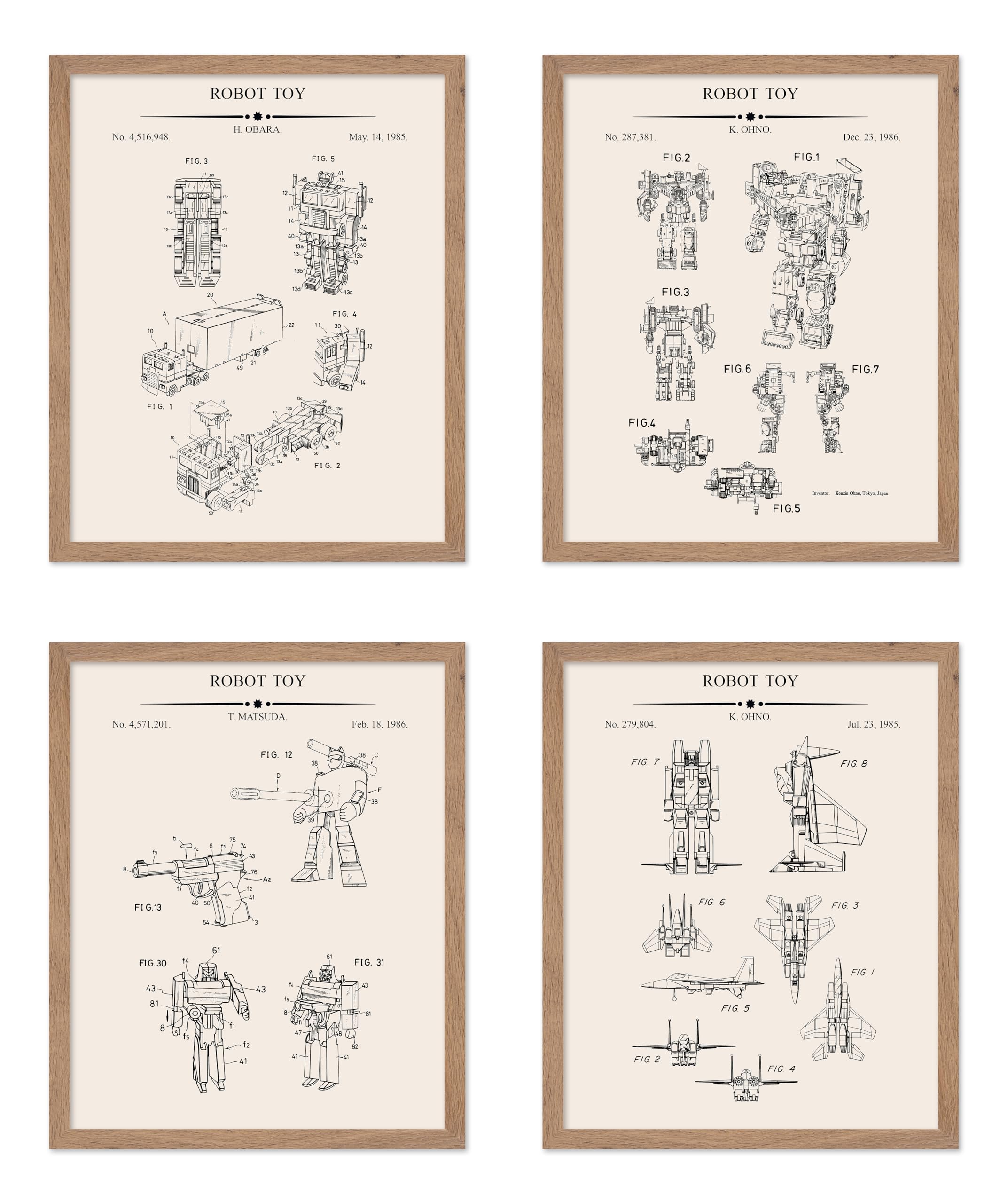 Poster Master 4-Piece Robot Toys Blueprint Poster - Transforming Robots Patent Print - Science Fiction Art - Robot Art - Machine
