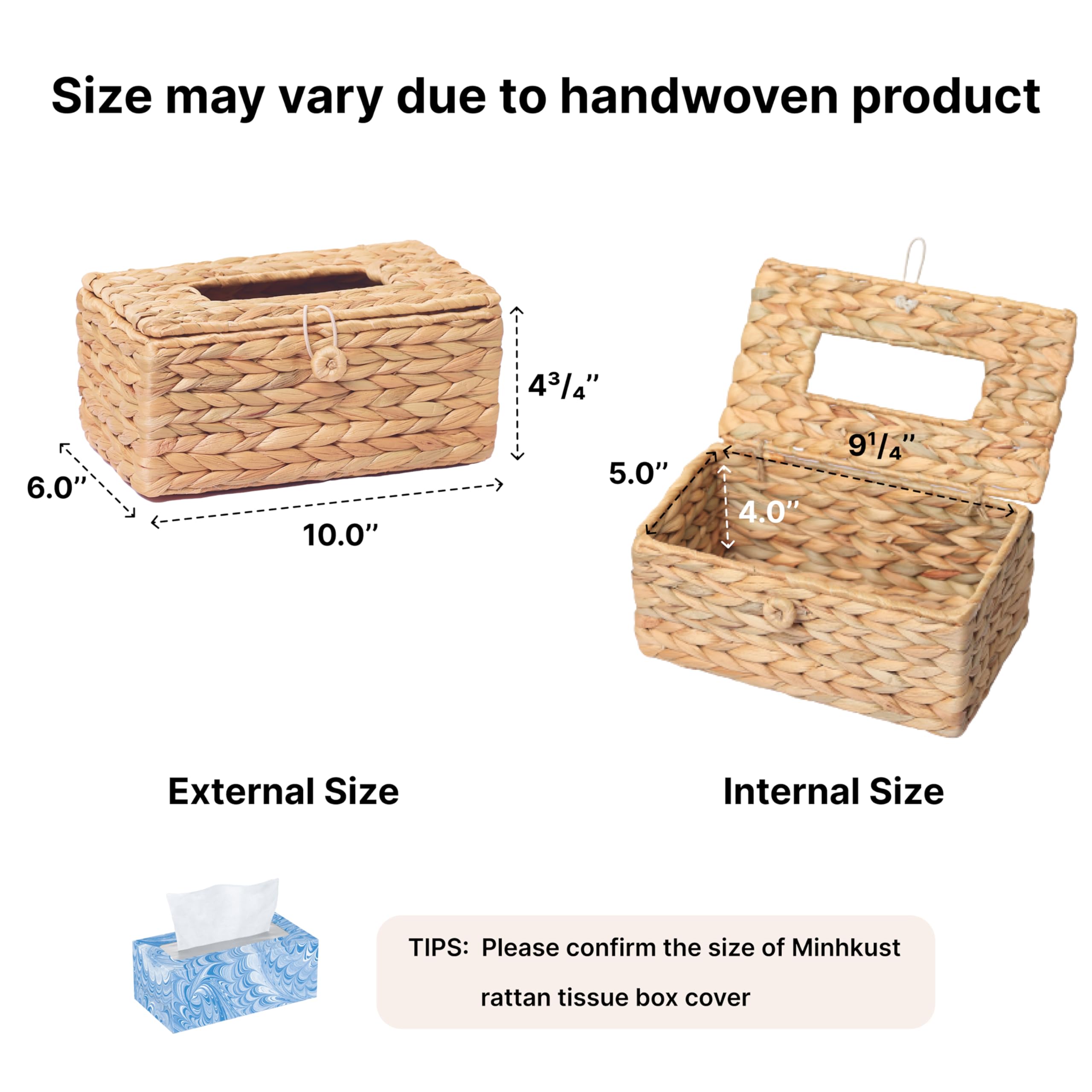 Minhkust Tissue Box Holder With Flip-Open Top, Tissue Box Cover Rectangular, Rattan Wicker Rectangle Tissues Box Cover, Boho Dec