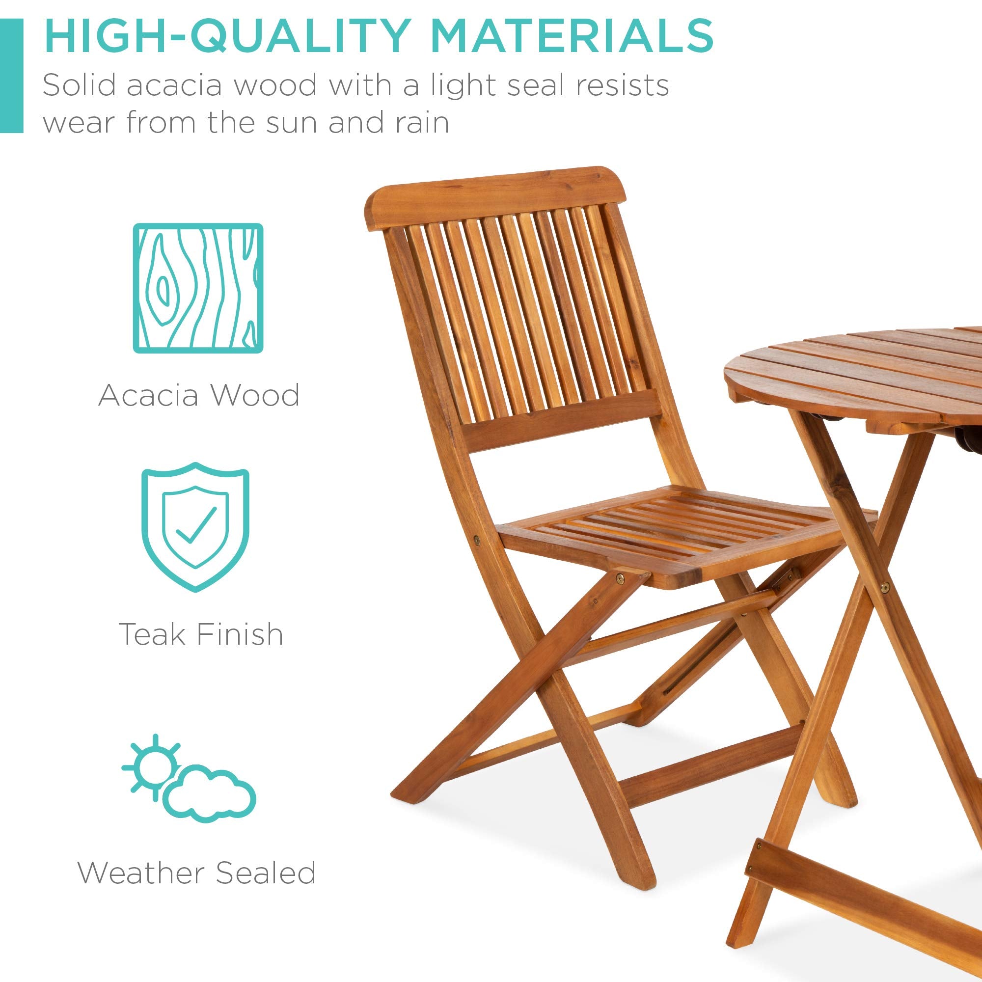 Best Choice Products 3-Piece Acacia Wood Bistro Set, Folding Patio Furniture For Backyard, Balcony, Deck W/ 2 Chairs, Round Coffee Table, Teak Finish - Natural