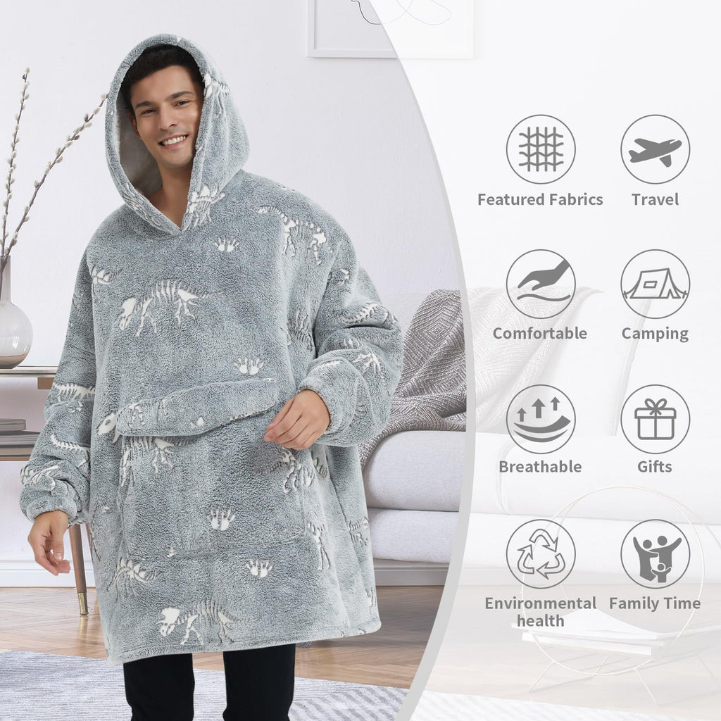Fiosnow Glow In The Dark Dinosaur Fossil Blanket Hoodies For Women And Men Adult Oversize Wearable Blanket Hoodies For Soft And