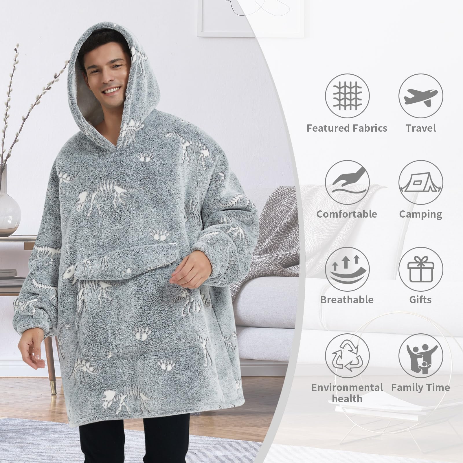 Fiosnow Glow In The Dark Dinosaur Fossil Blanket Hoodies For Women And Men Adult Oversize Wearable Blanket Hoodies For Soft And