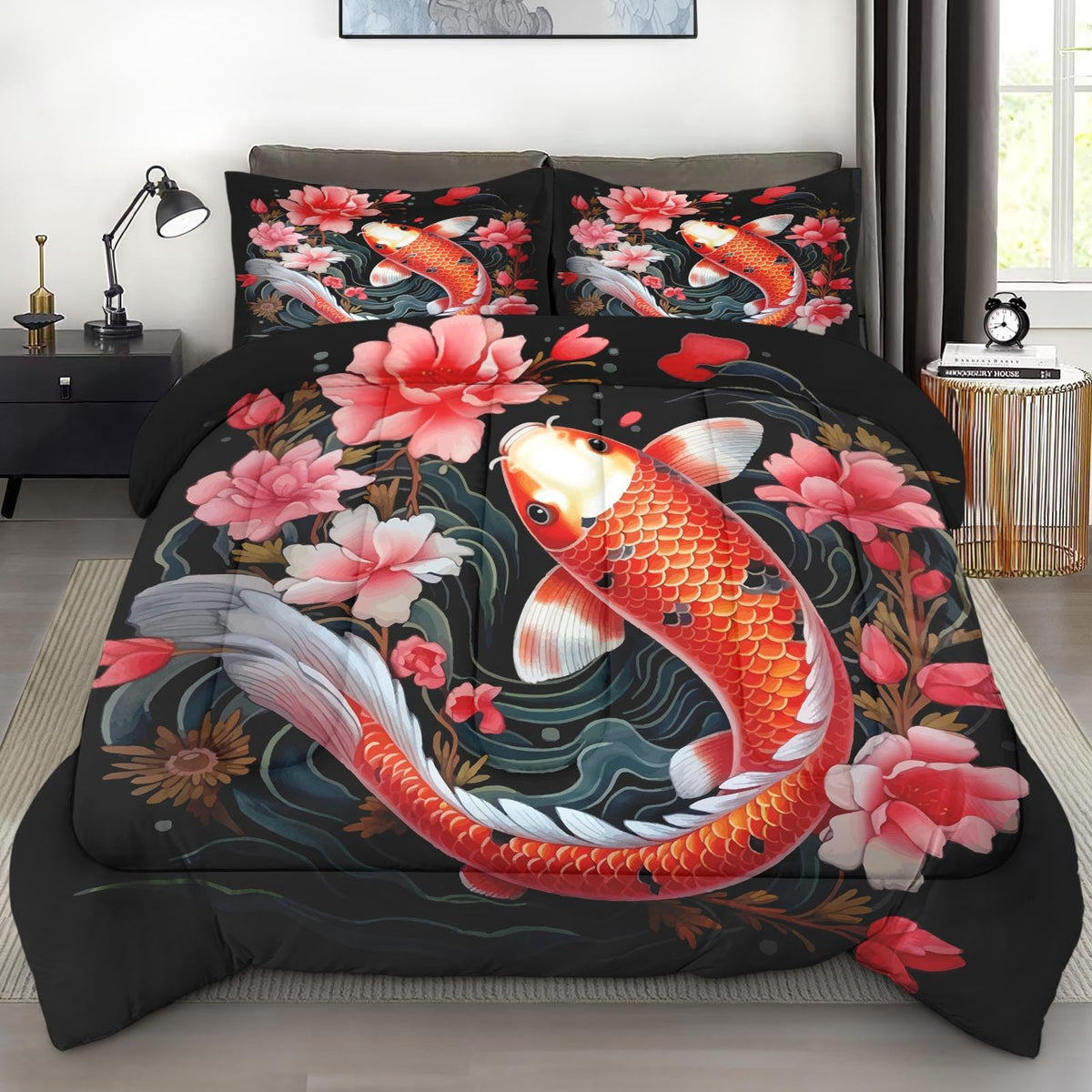 Pamnest Comforter Set Full Size, Japanese Koi Fish Soft 3 Pcs Bedding For Kids And Adults, Cherry Blossom Flower Comforter Set W
