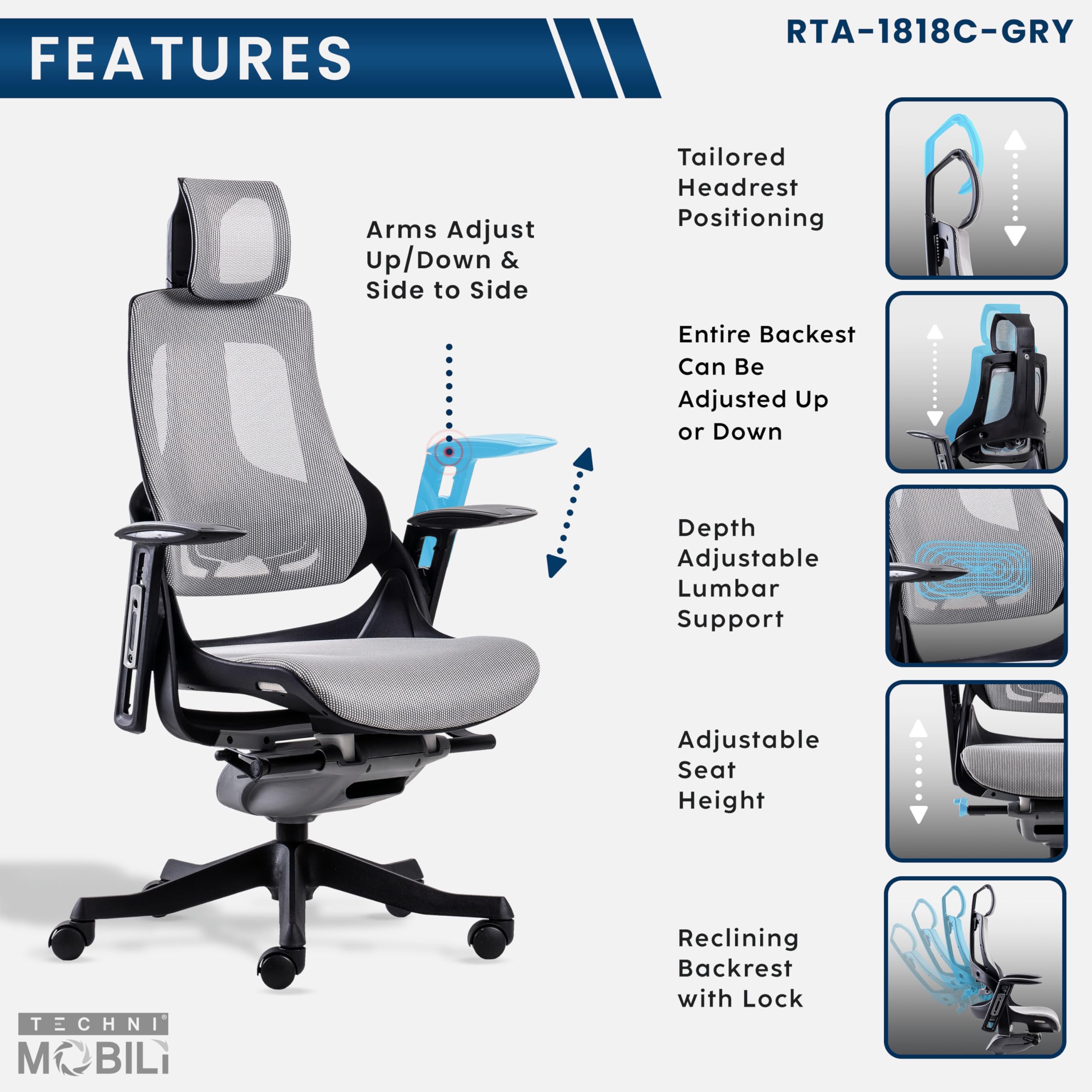 Ergonomic Executive Chair With Adjustable Reclining Backrest, Mesh Seat & Back, Height-Adjustable Seat & Headrest, Tilt Control, And Multi-Directional Armrests – Modern Design For Up To 280Lbs