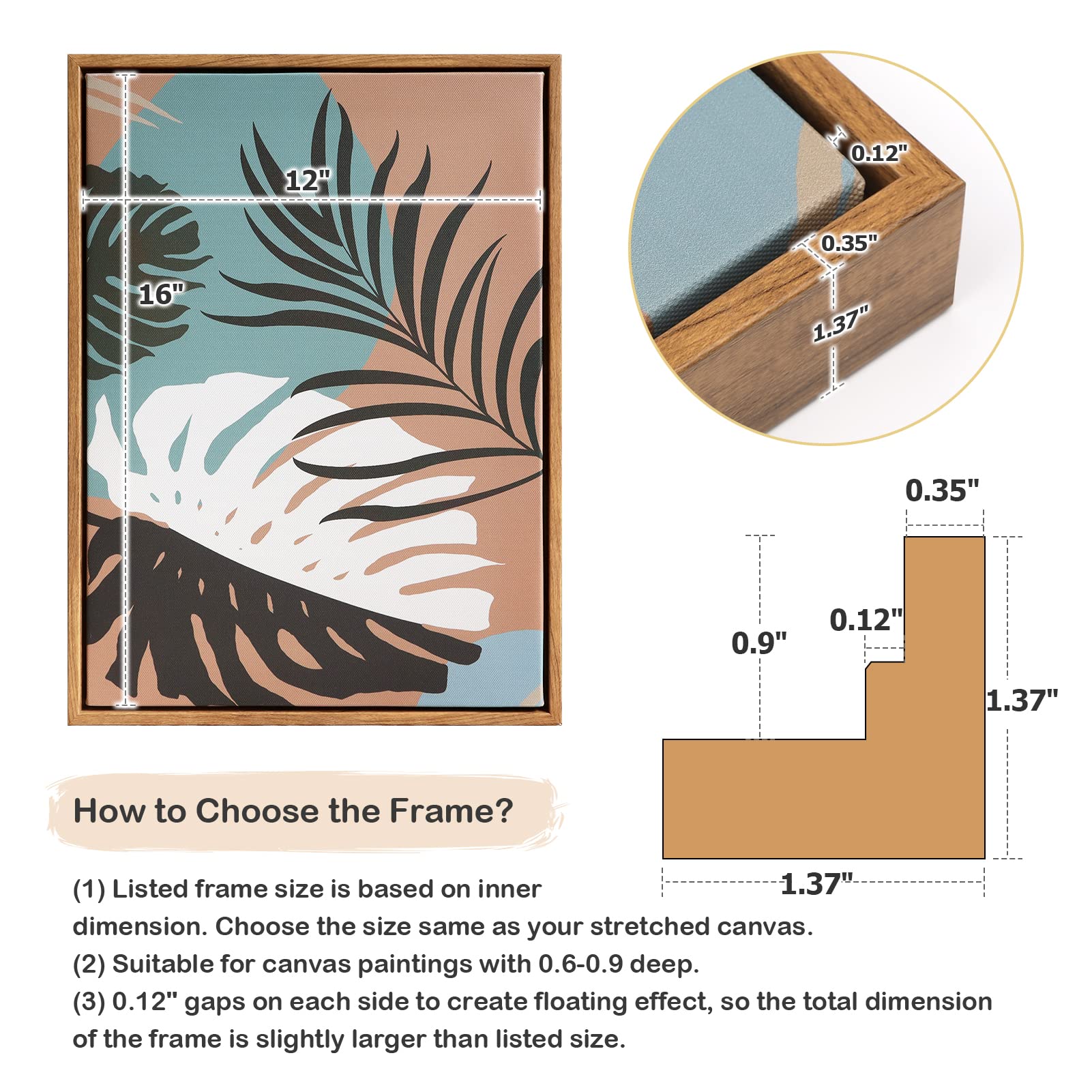 Folkor Floating Frame For 12X16 Inch Canvas Painting 0.6-0.8    Deep, 2 Pack Floater Frame For Canvas Prints, Art Frame For Wall