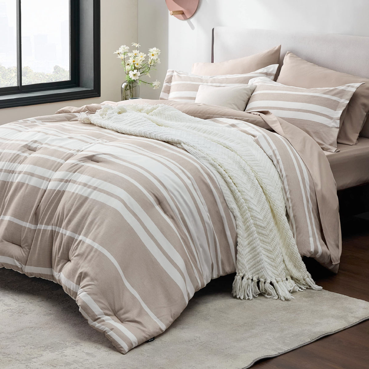 Bedsure Bed In A Bag Twin Size 5 Pieces, Light Camel White Striped Bedding Comforter Sets All Season Bed Set With 1 Pillow Sham,