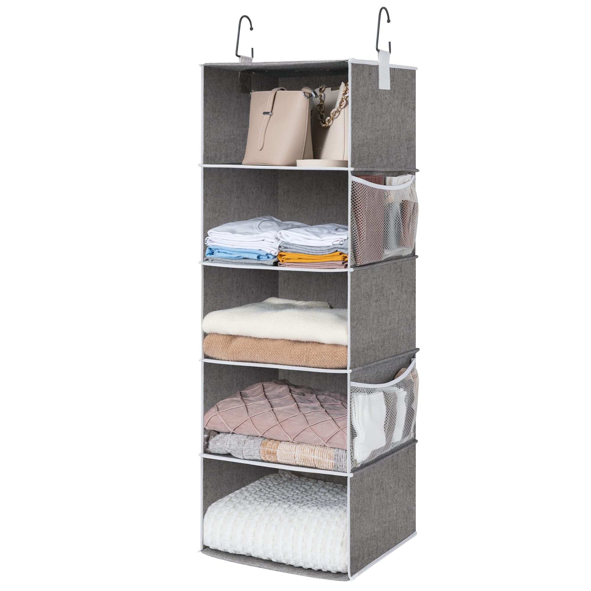 StorageWorks 5-Shelf Jumbo Hanging Storage Closet, Hanging Organizer for Closet Rod, Hanging Cloth Organizer Storage, Canvas, Gr