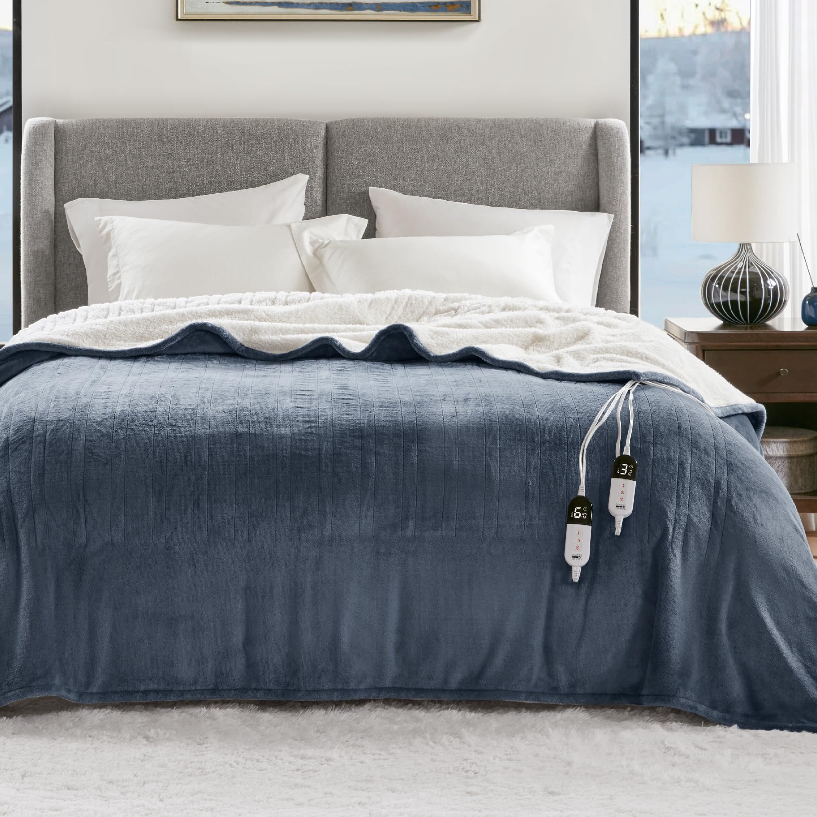 Degrees of Comfort Heated Blanket - King Size Soft Sherpa & Flannel, Blue, 6 Heat Settings, 10-Hour Auto Shut-Off, ETL Certified