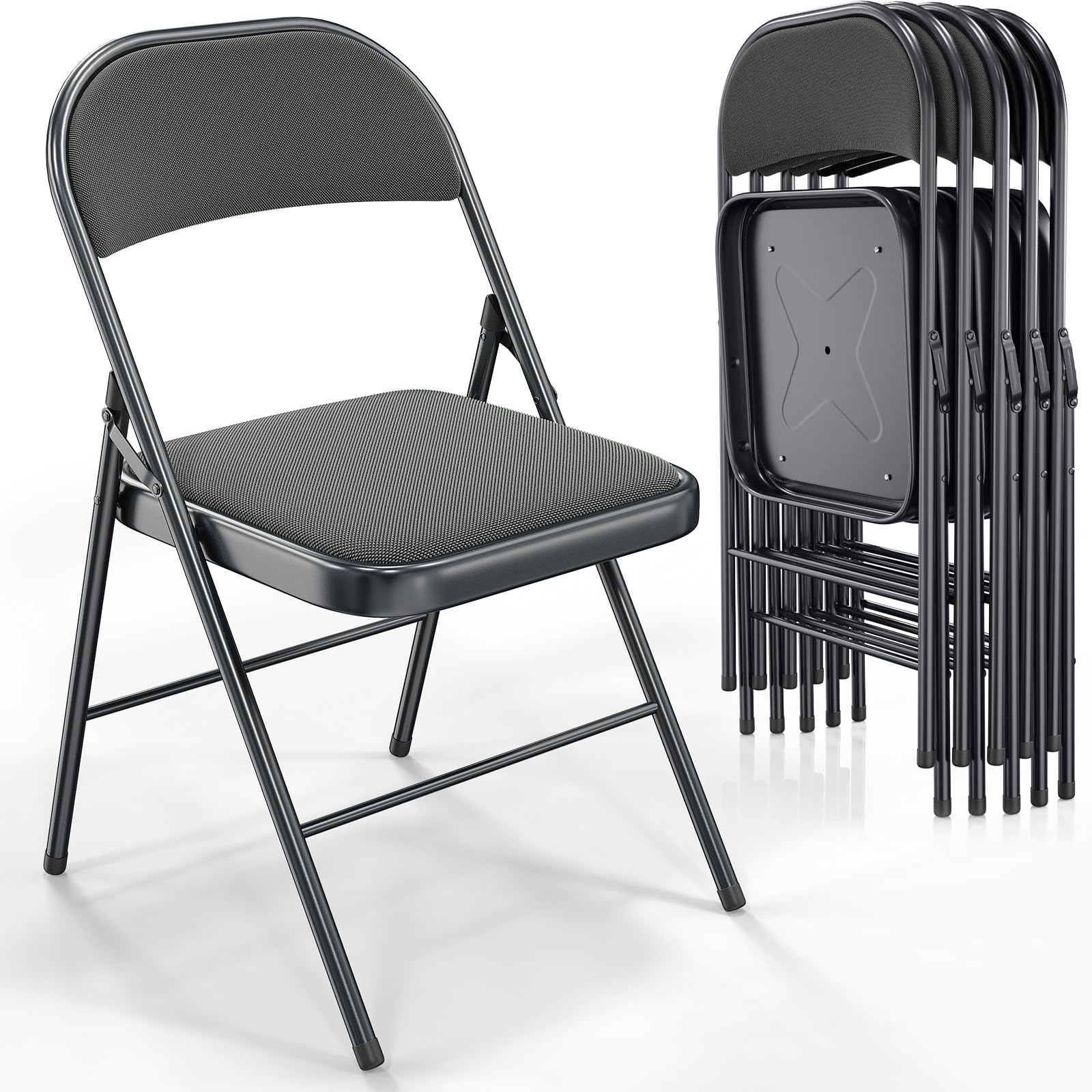 Vingli Folding Chairs With Padded Seats, Metal Frame With Fabric Seat & Back, Capacity 350 Lbs, Gray, Set Of 6
