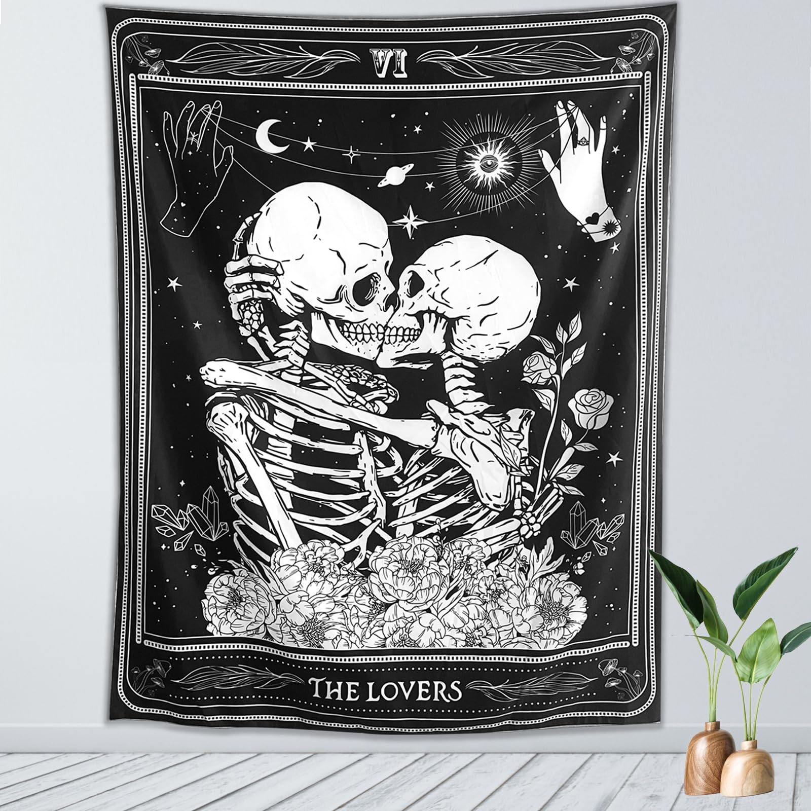 Kjhl The Lovers Skull Tapestry Wall Hanging Black Gothic Witchy Tapestry Dark Vertical Skeleton Tapestries Aesthetic For Bedroom