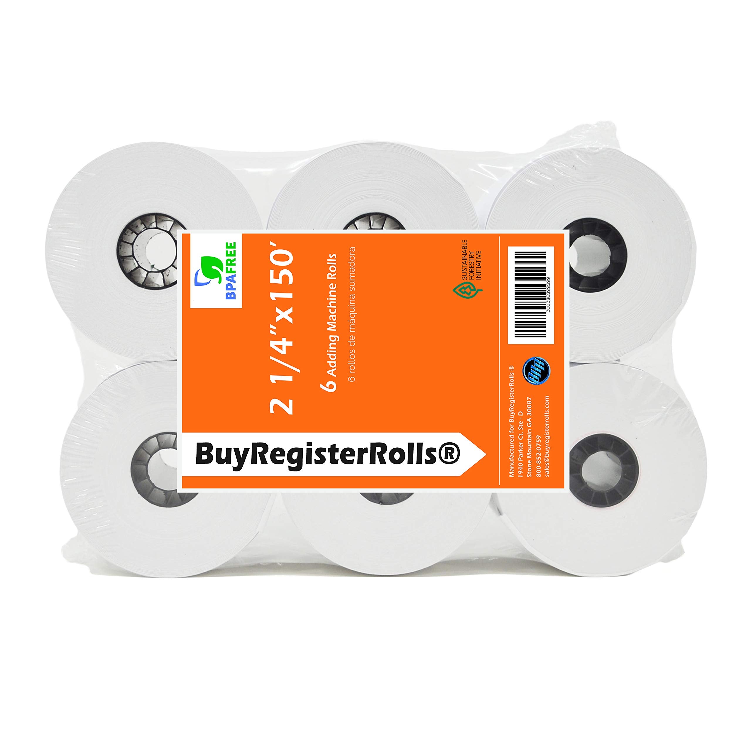 (6 Rolls) 2 1/4 X 150 Ft, White, Adding Machine Tape Paper Rolls, Premium One Ply Cash Register/Adding Machine/Calculator Roll P