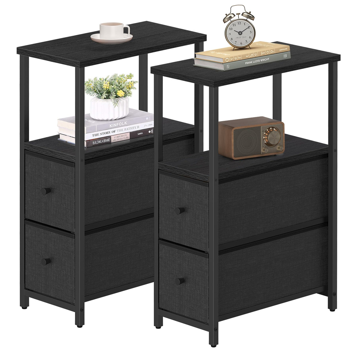 Tutotak Small Narrow End Table, Set Of 2, Side Table, Nightstand With 2 Cloth Drawers, Couch Table, For Living Room, Bedroom, Bedside, Black Tb01Bk054