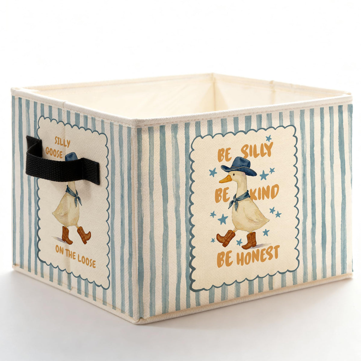 Fyecoluo Blue Striped Western Cowboy Goose Storage Bins Box with Handles, Funny Cute Goose Foldable Basket Toybox for Baby Boy G