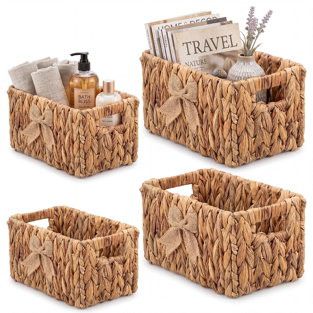 Colingmill 4pcs Bow Wicker Basket, Water Hyacinth Shelves Baskets, Nested Storage Basket with Builtin Handles for Organizing an
