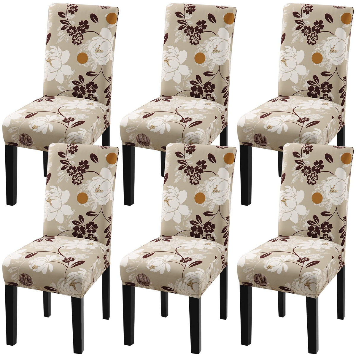 Fuloon Chair Covers For Dining Room 6 Pack, Solid Stretch Dining Chair Covers, Washable Kitchen Slip Covers, Parson Chair Covers Set Of 6 (Taupe Floral, 6 Pack)