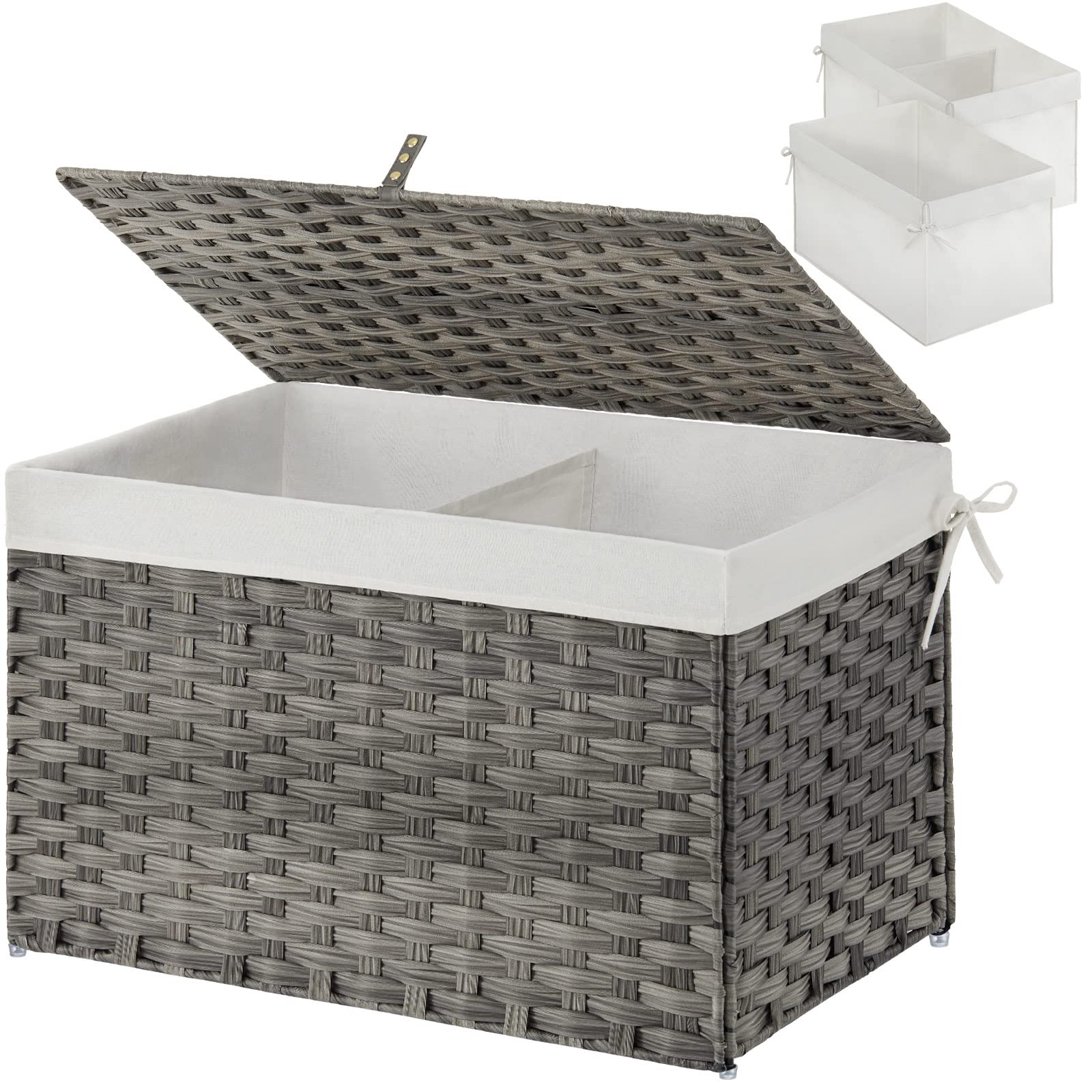 GREENSTELL Storage Basket with Lid, Handwoven Blanket Storage Basket with Cotton Liner and Metal Frame, Foldable & Easy to Insta